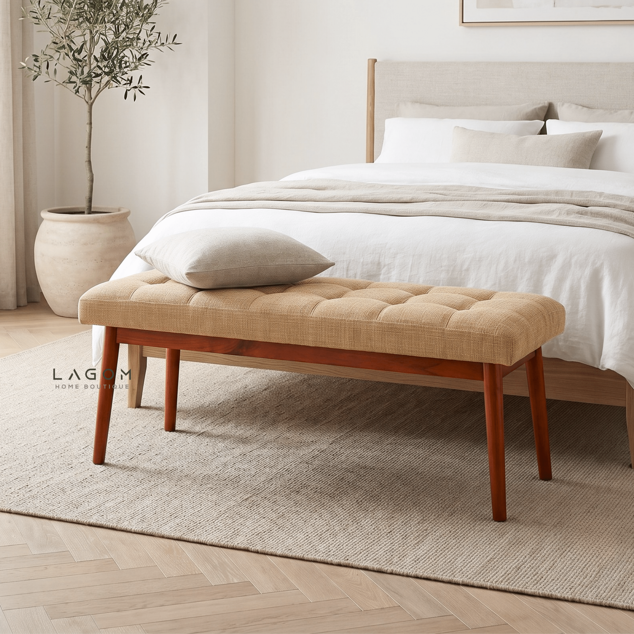 110 cm Solid Teak Upholstered End of Bed Bench-Bench-Lagom Home Boutique