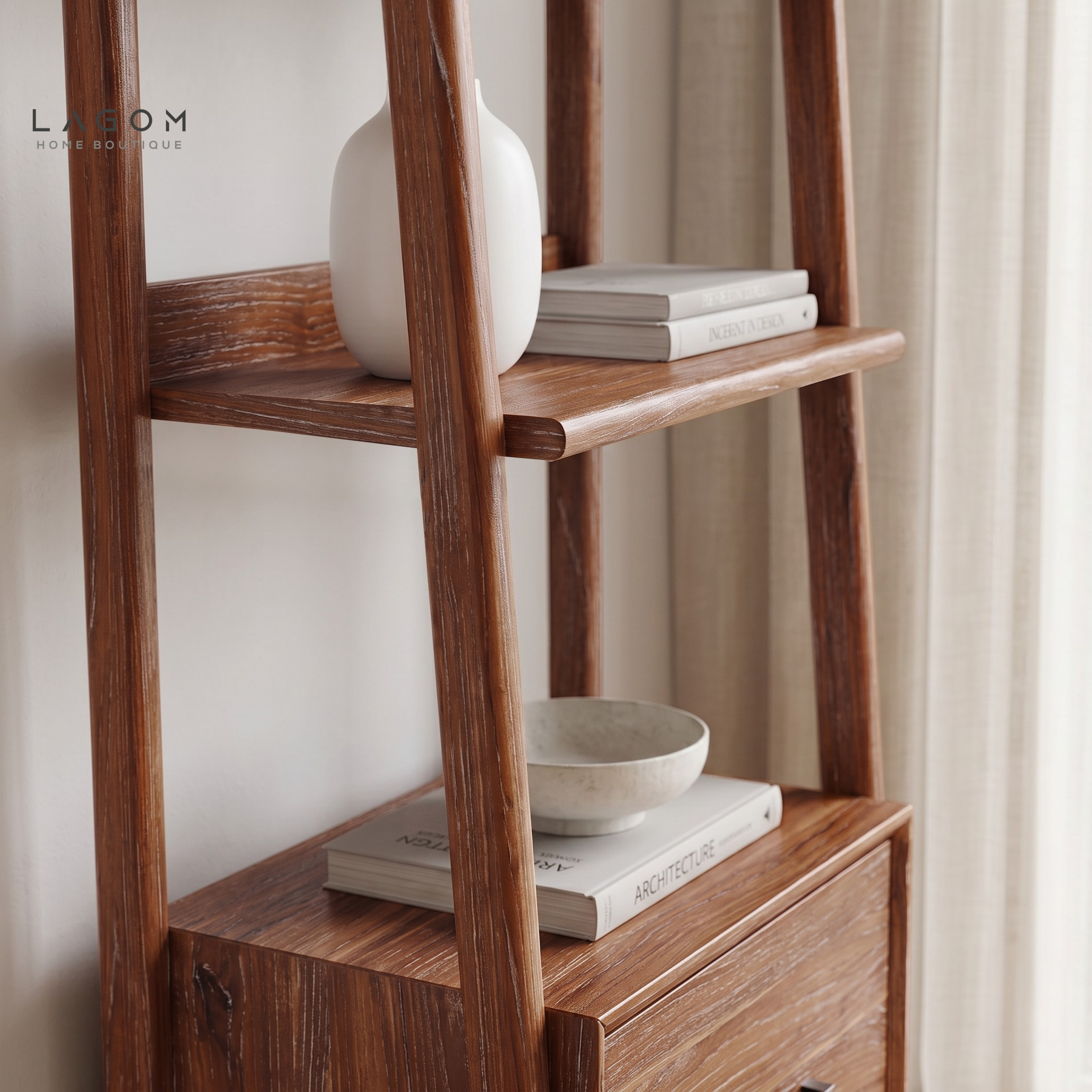 Solid Teak Display Shelf with 3 Tiers & Drawer