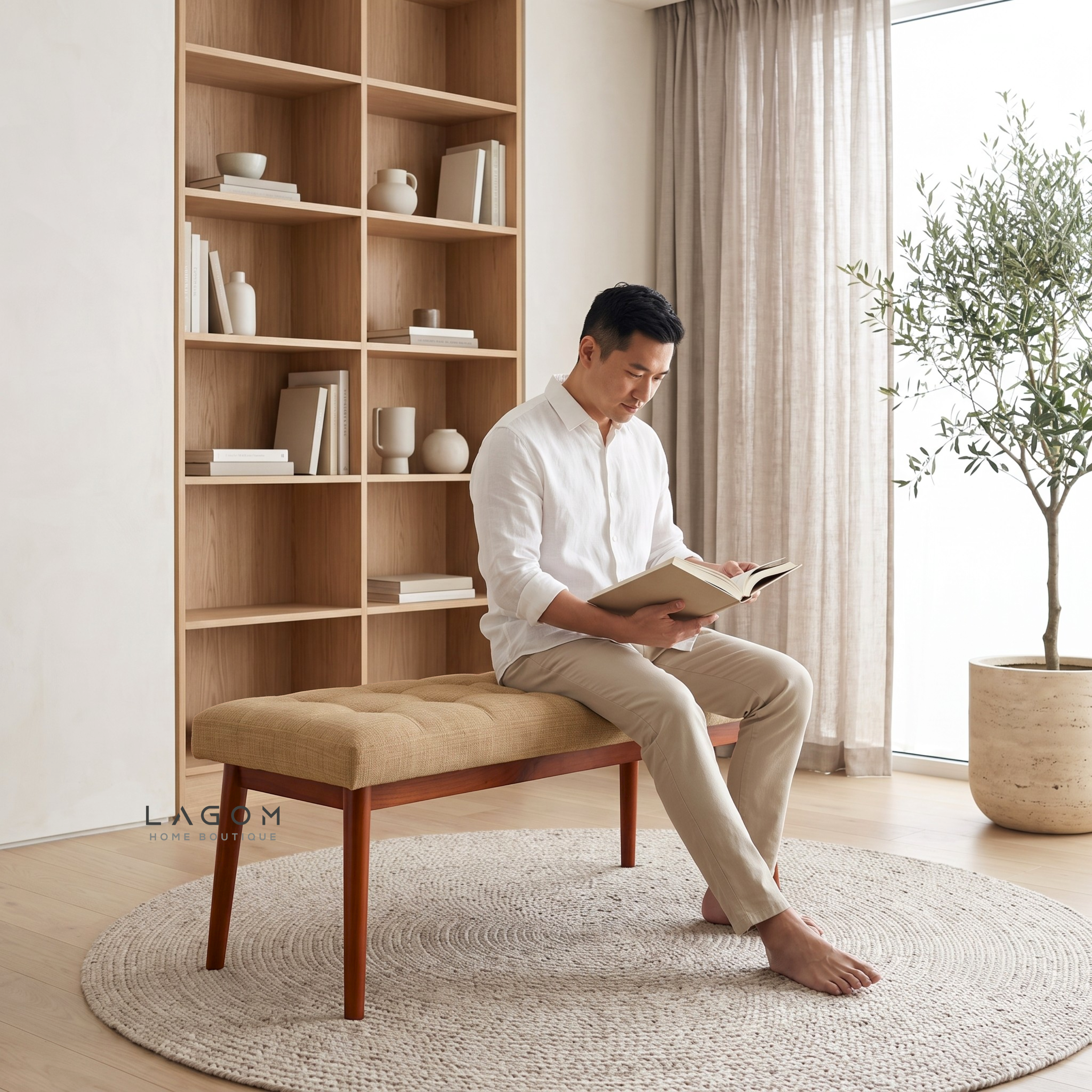 Solid Teak Bench with Tufted Cushion
