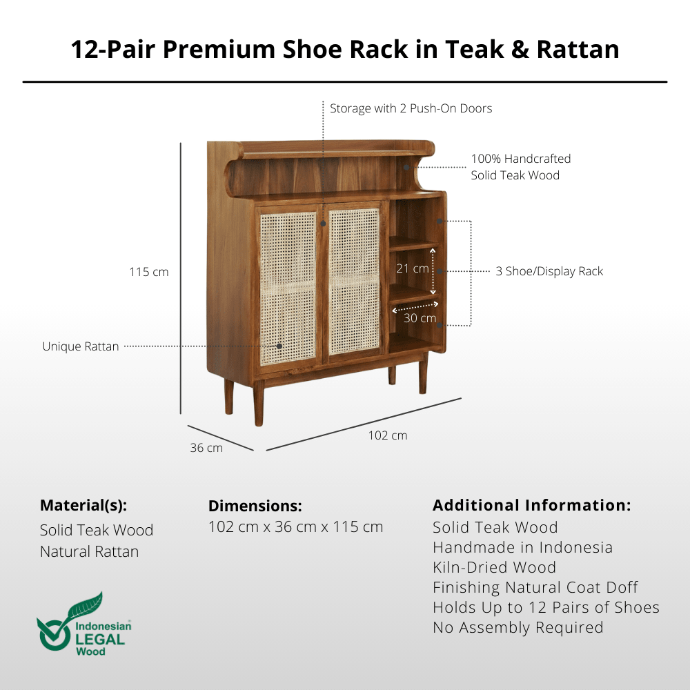 12 - Pair Premium Shoe Rack in Teak & Rattan - Shoe Rack - Lagom Home Boutique
