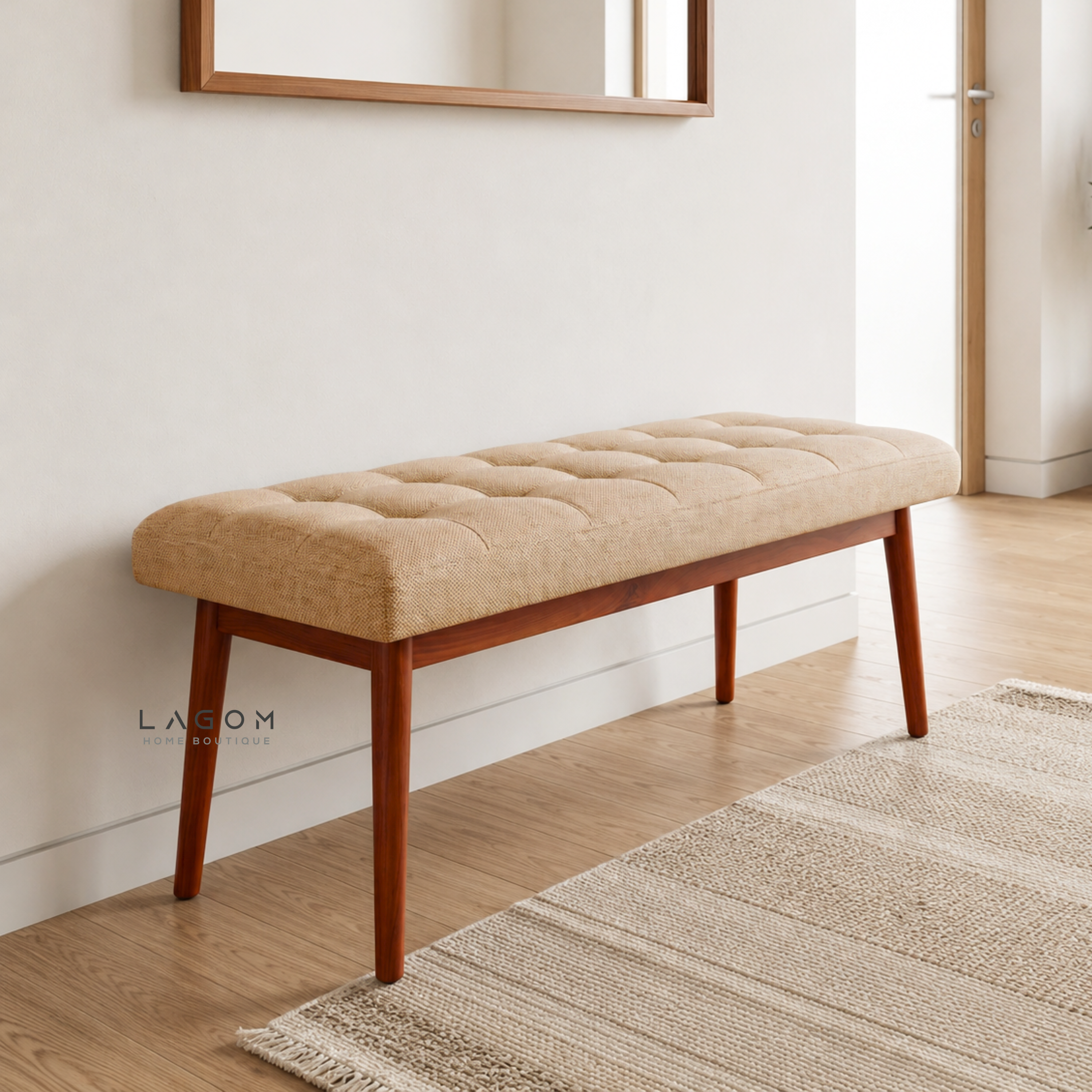 Solid Teak Bench with Tufted Cushion
