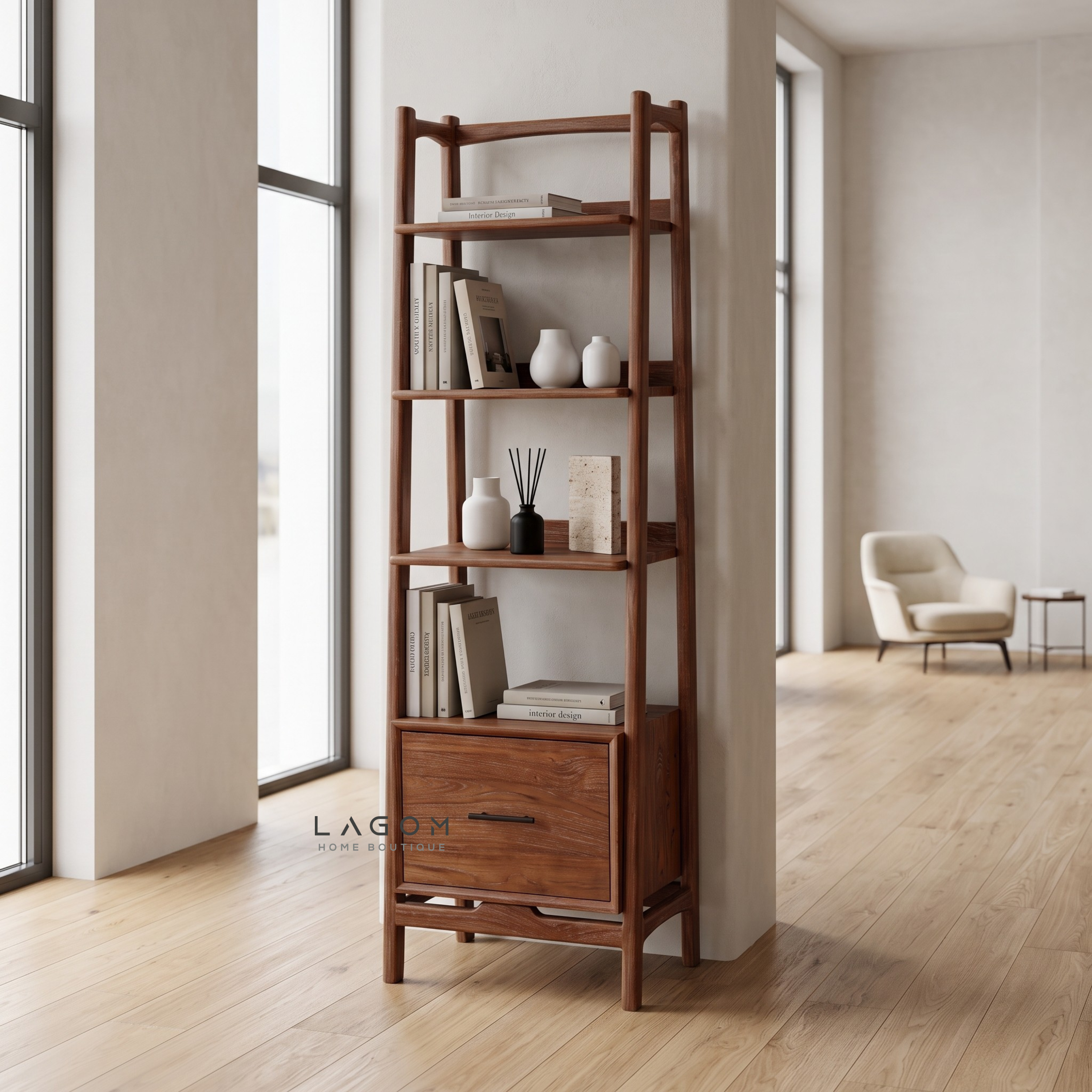 Solid Teak Display Shelf with 3 Tiers & Drawer