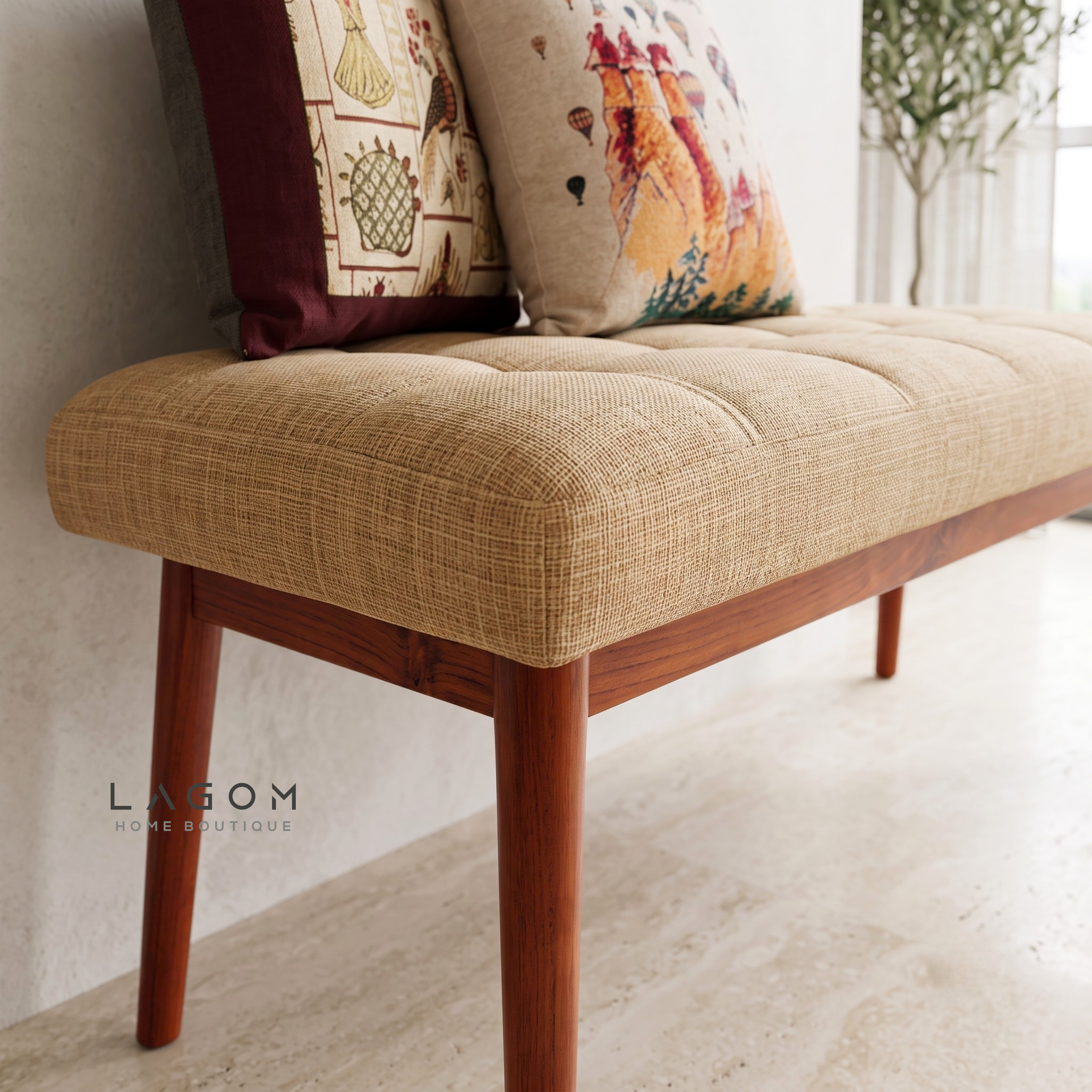 Solid Teak Bench with Tufted Cushion