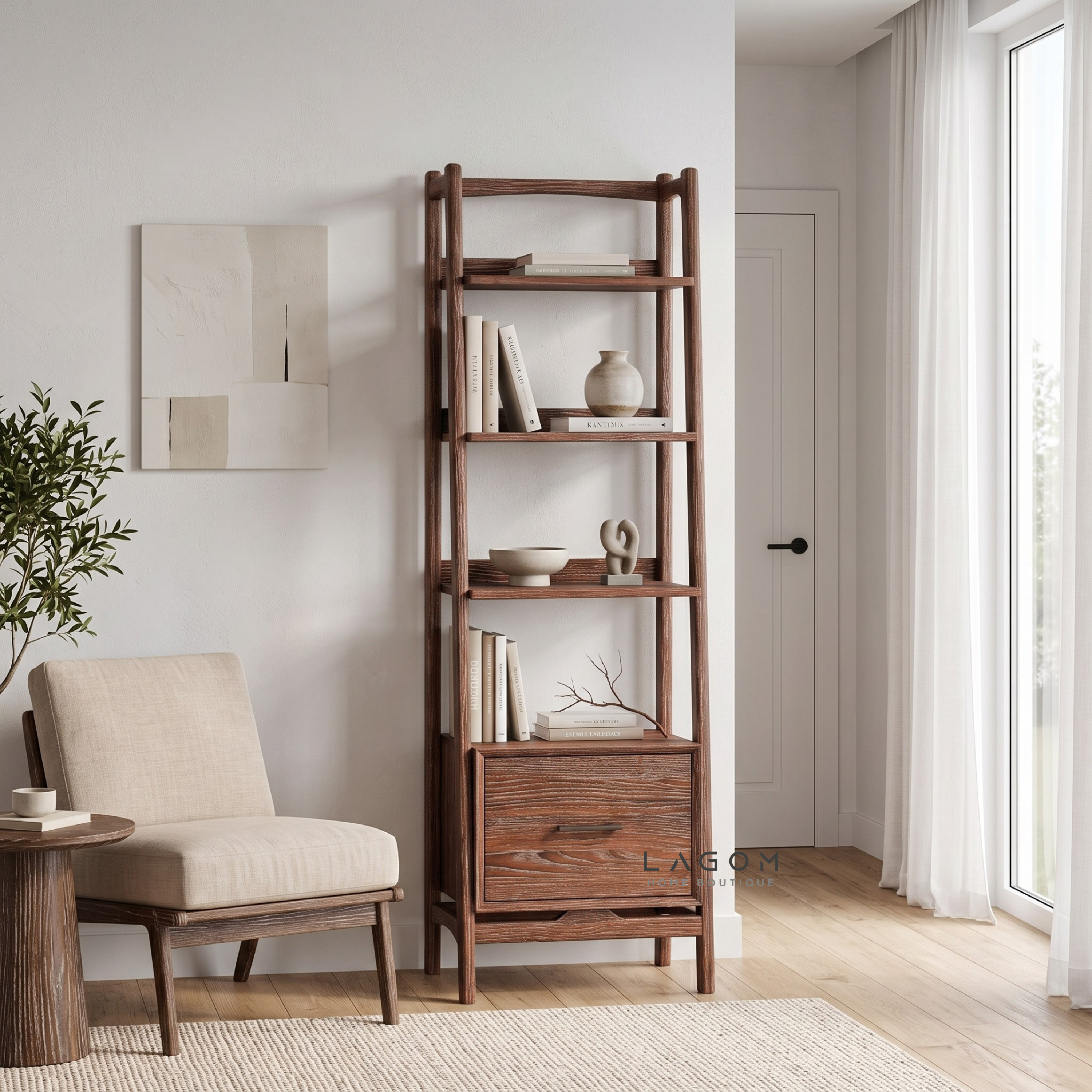 Solid Teak Display Shelf with 3 Tiers & Drawer