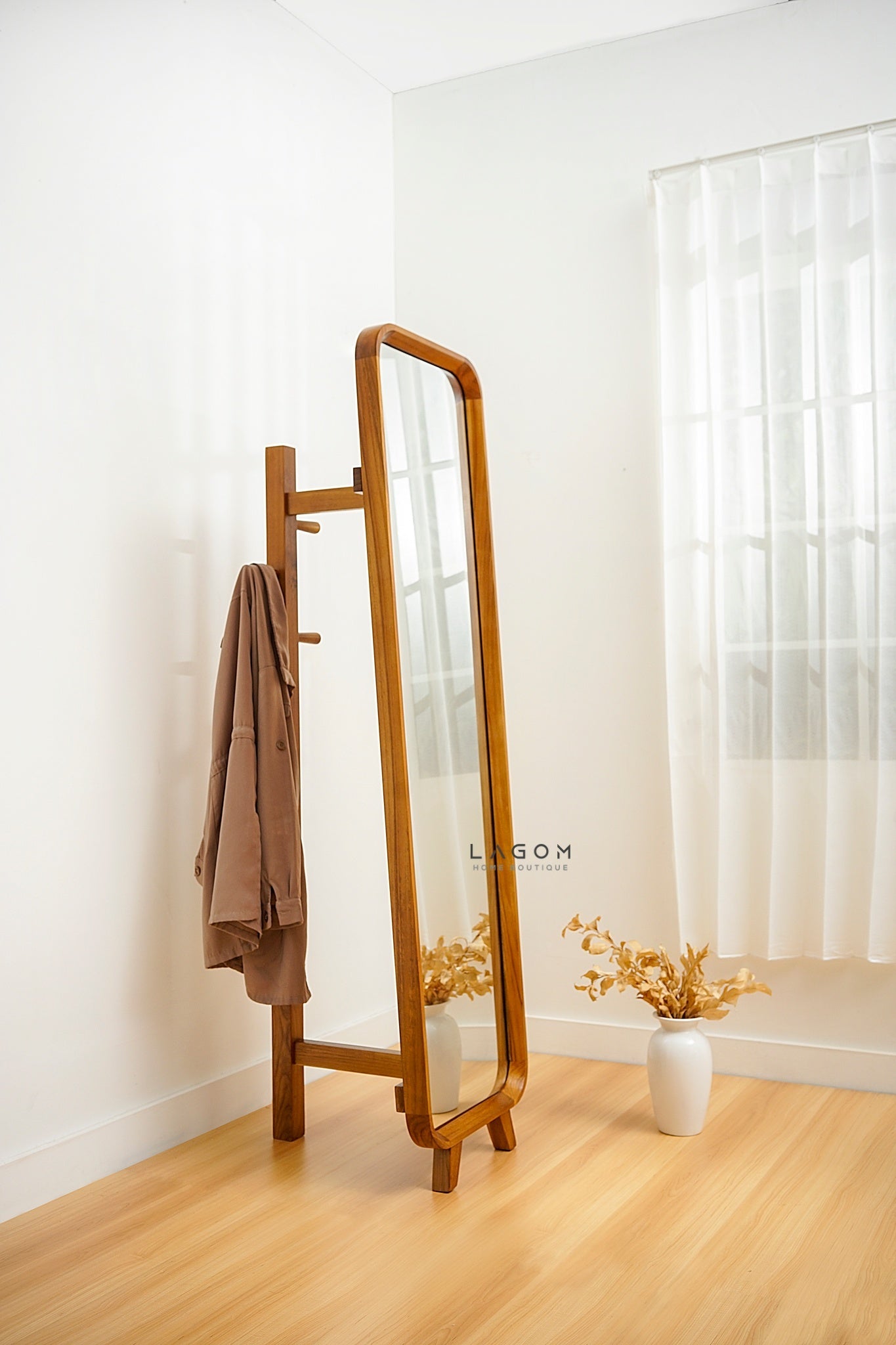 168 cm Teak Standing Mirror with Integrated Hanger - Mirror - Lagom Home Boutique