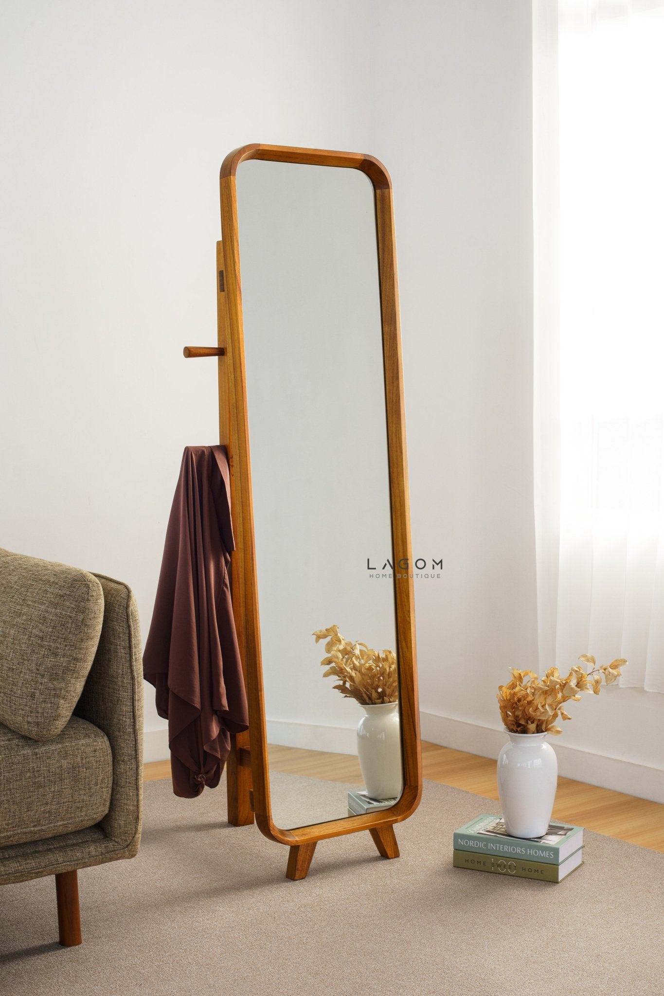 168 cm Teak Standing Mirror with Integrated Hanger - Mirror - Lagom Home Boutique