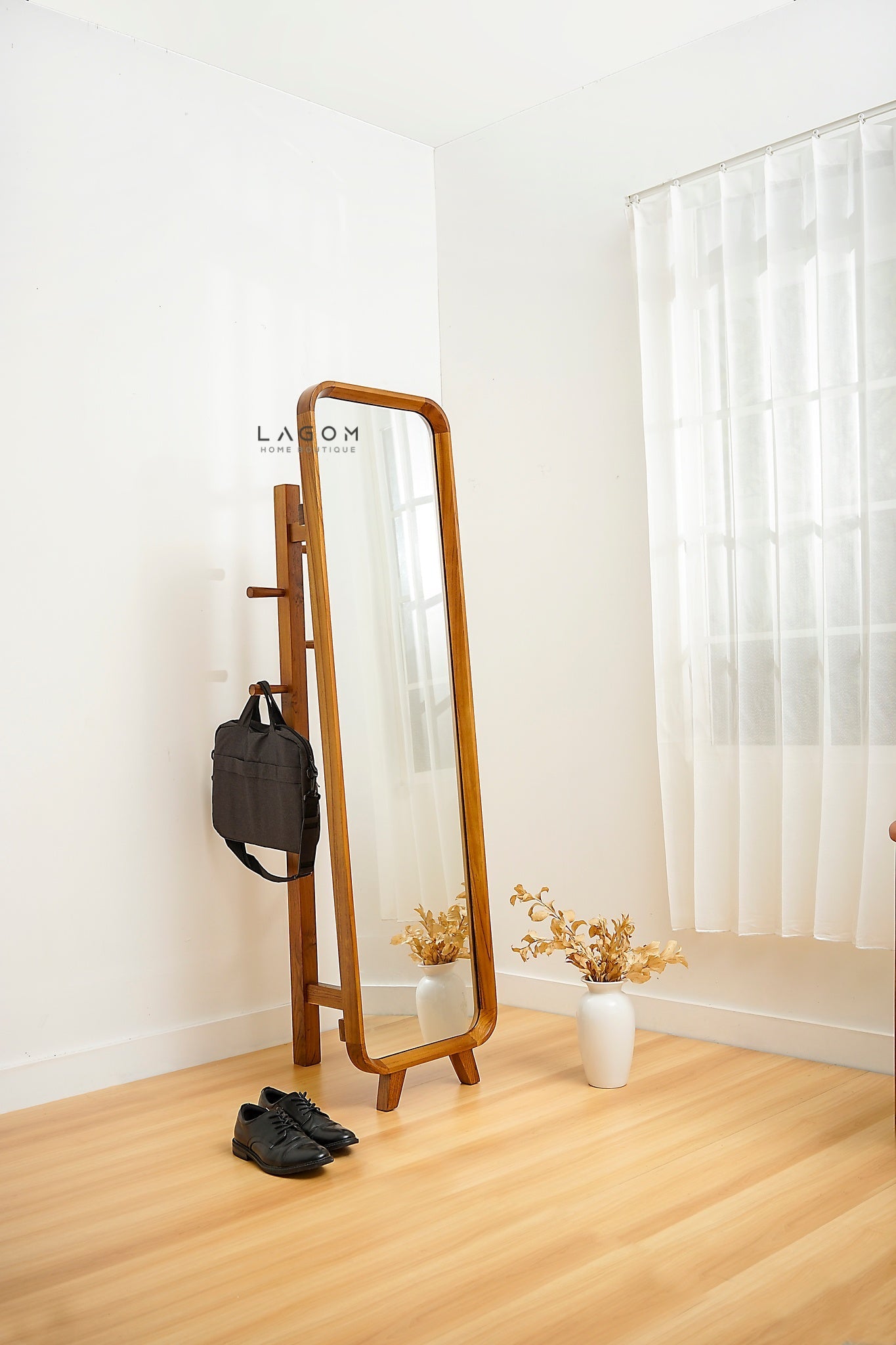 168 cm Teak Standing Mirror with Integrated Hanger - Mirror - Lagom Home Boutique