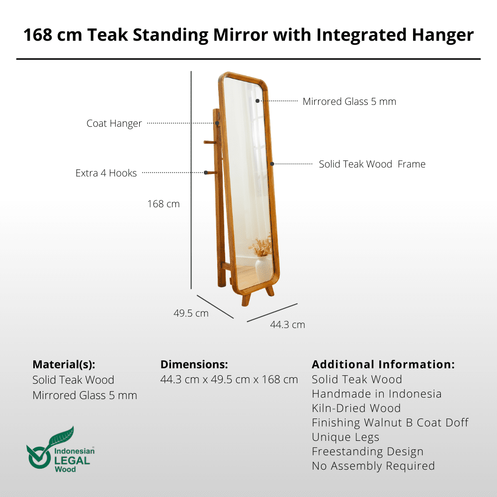 168 cm Teak Standing Mirror with Integrated Hanger - Mirror - Lagom Home Boutique