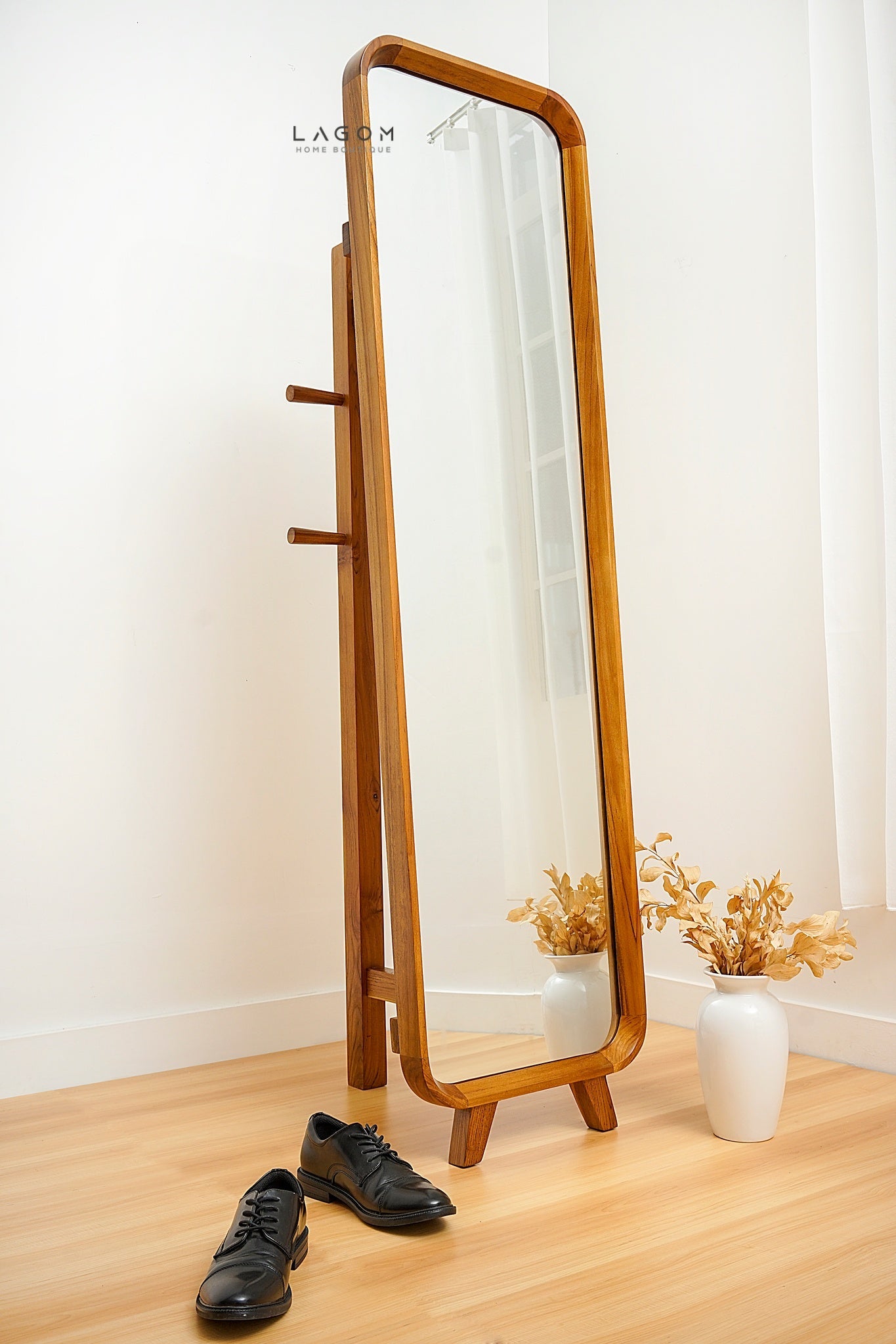 168 cm Teak Standing Mirror with Integrated Hanger - Mirror - Lagom Home Boutique