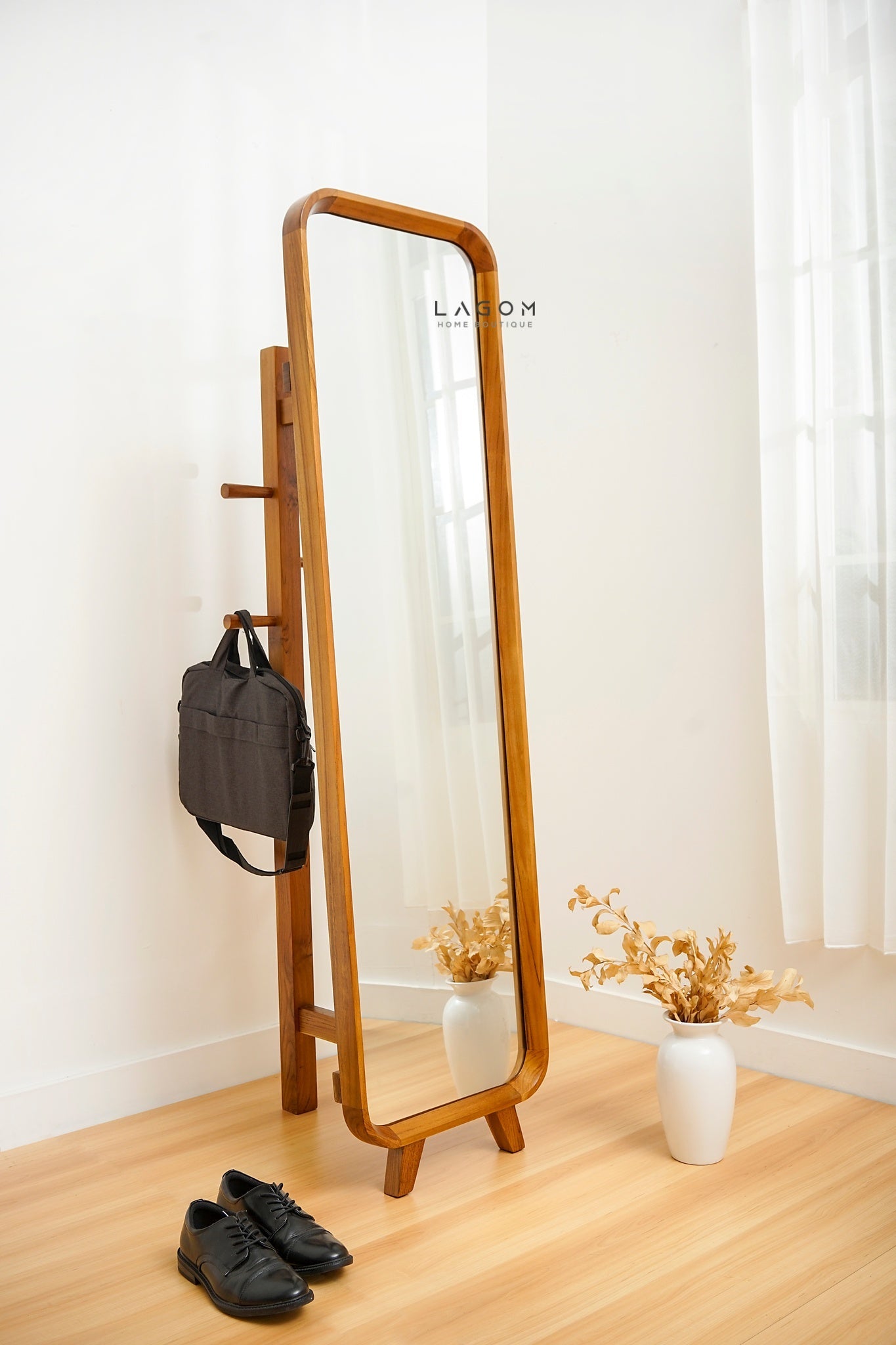 168 cm Teak Standing Mirror with Integrated Hanger - Mirror - Lagom Home Boutique