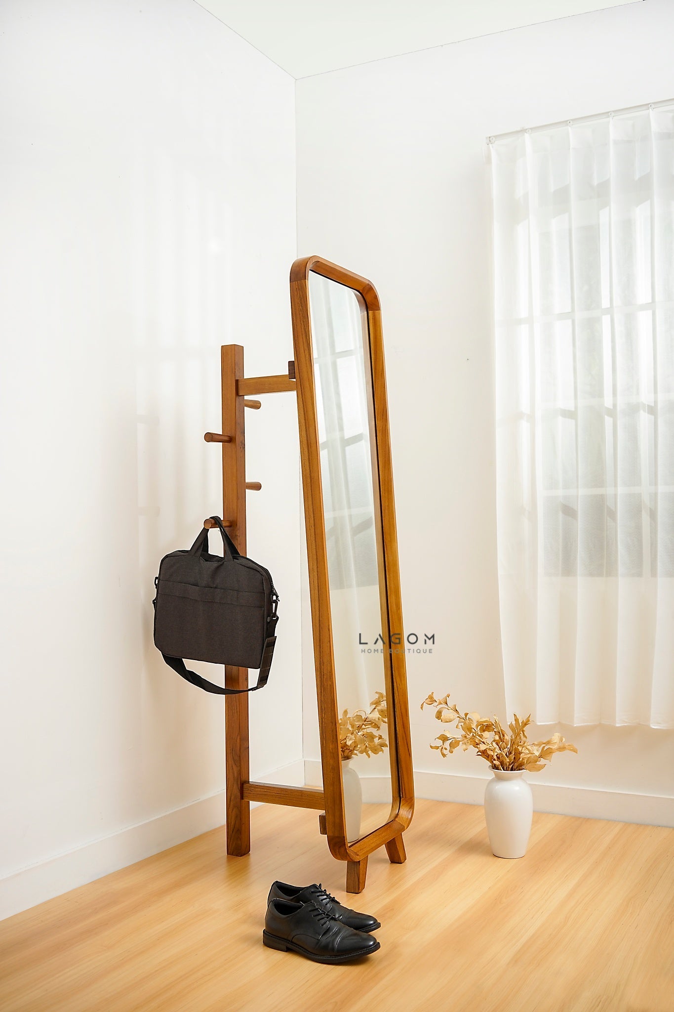 168 cm Teak Standing Mirror with Integrated Hanger - Mirror - Lagom Home Boutique