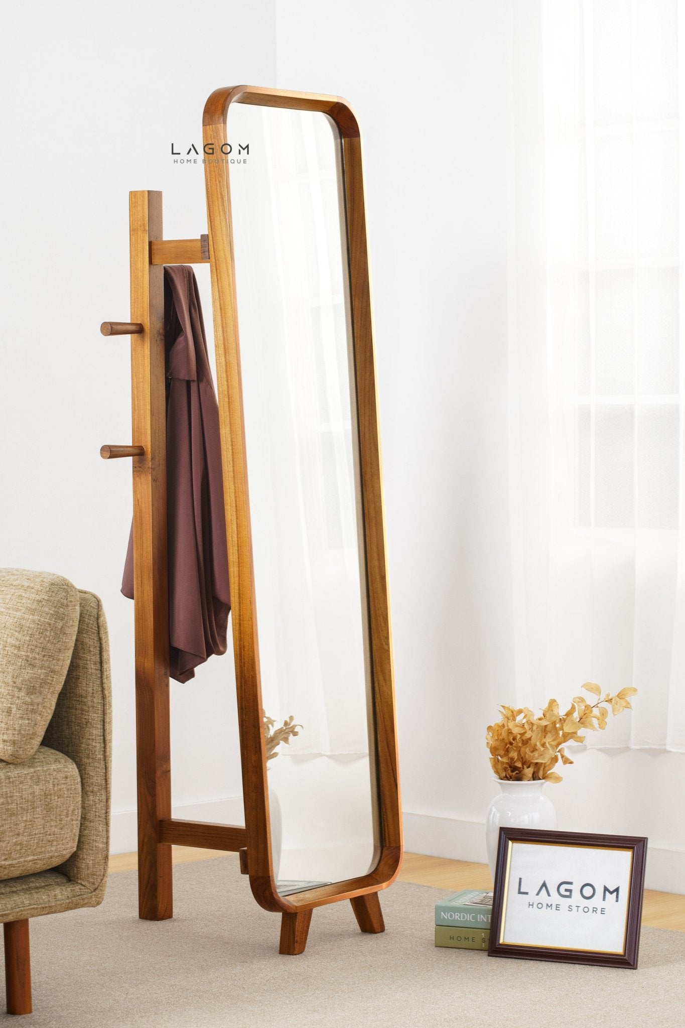 168 cm Teak Standing Mirror with Integrated Hanger - Mirror - Lagom Home Boutique