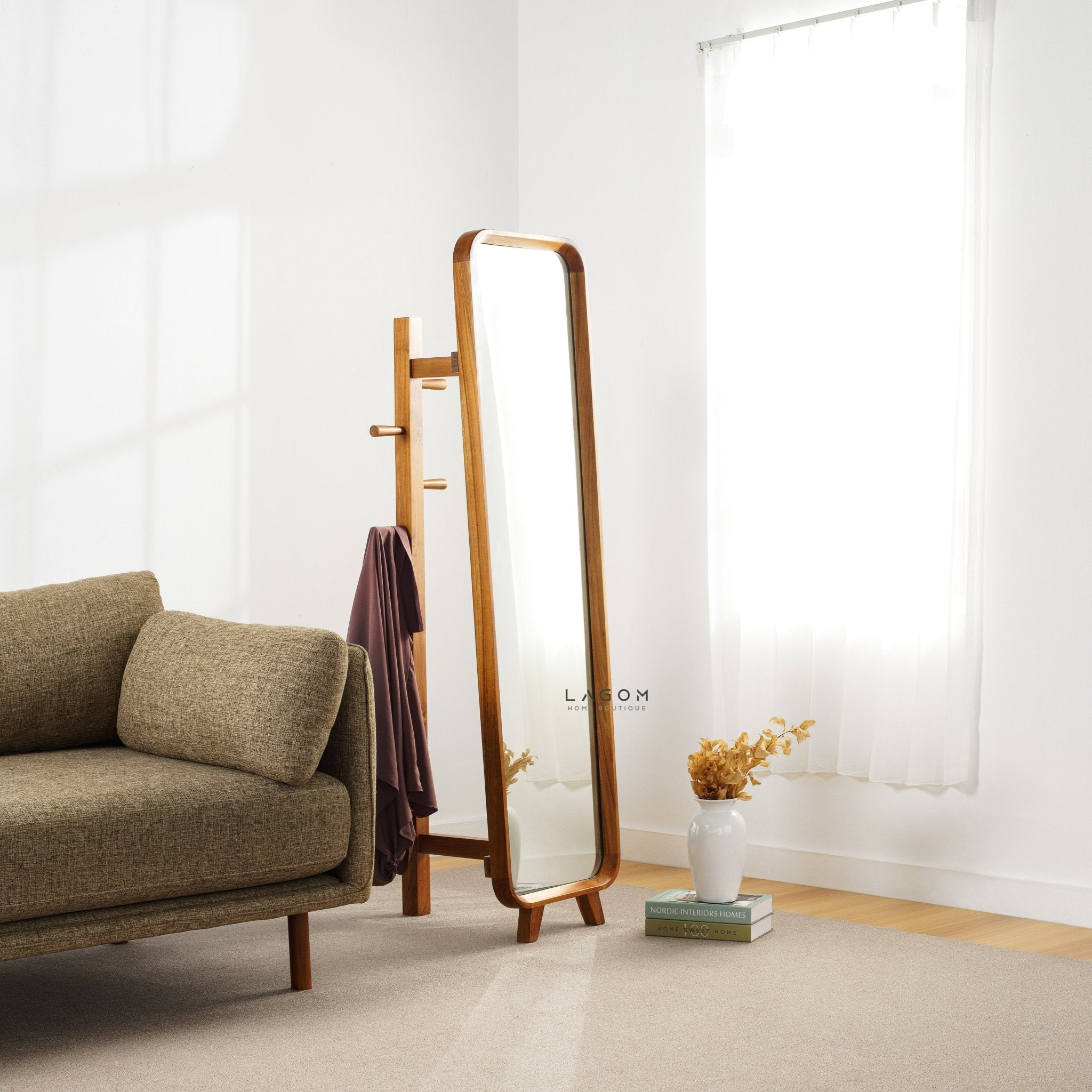 168 cm Teak Standing Mirror with Integrated Hanger - Mirror - Lagom Home Boutique