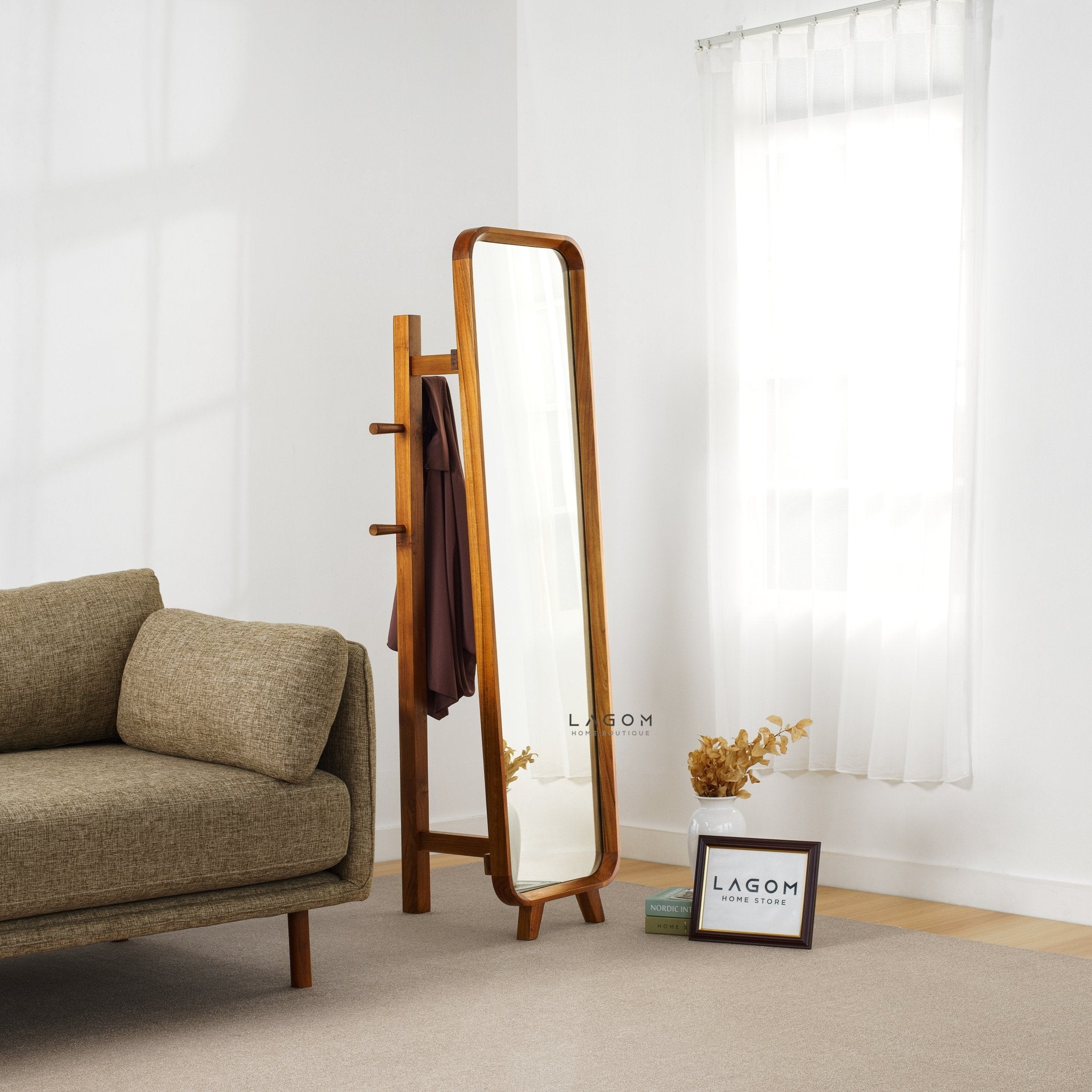 168 cm Teak Standing Mirror with Integrated Hanger - Mirror - Lagom Home Boutique