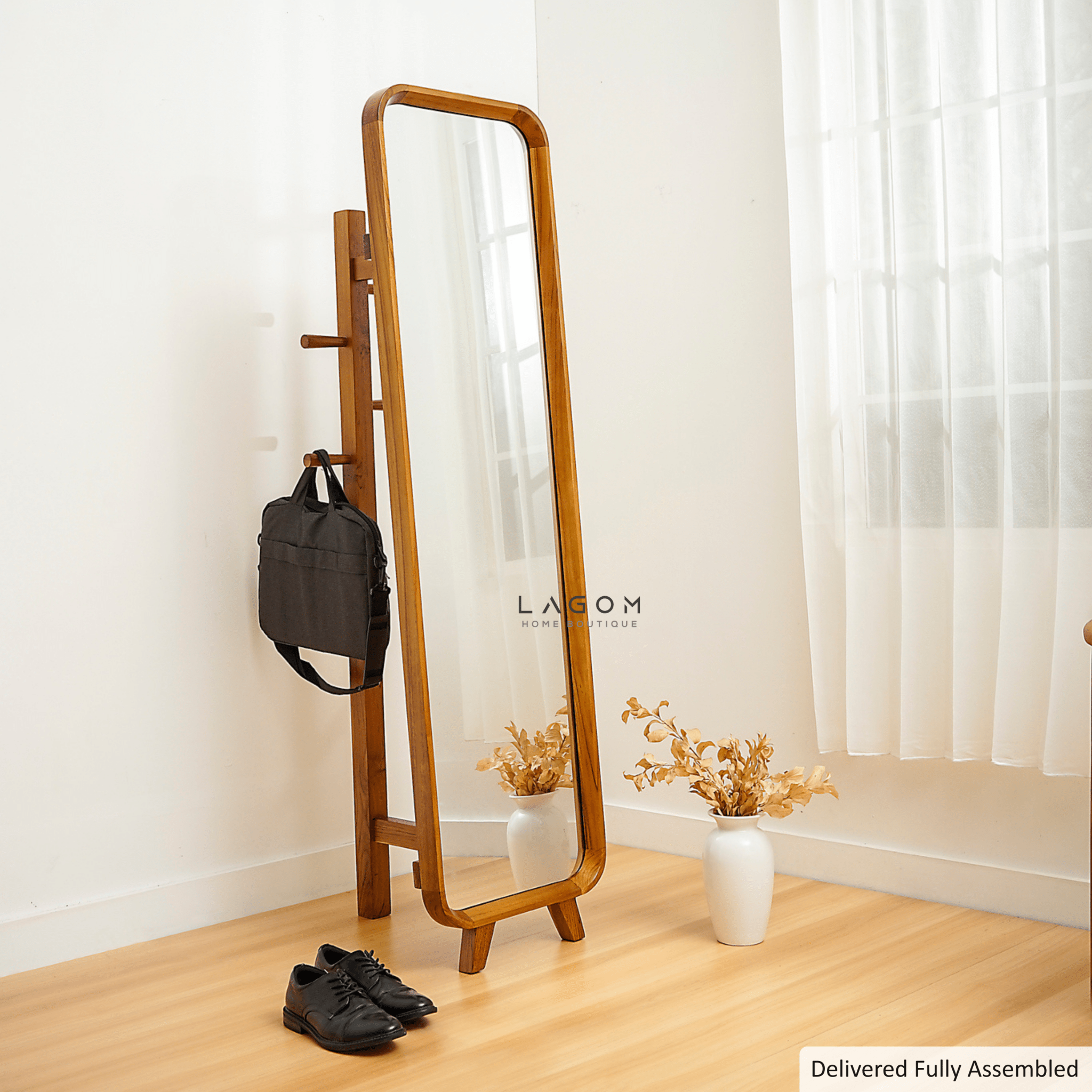 168 cm Teak Standing Mirror with Integrated Hanger - Mirror - Lagom Home Boutique