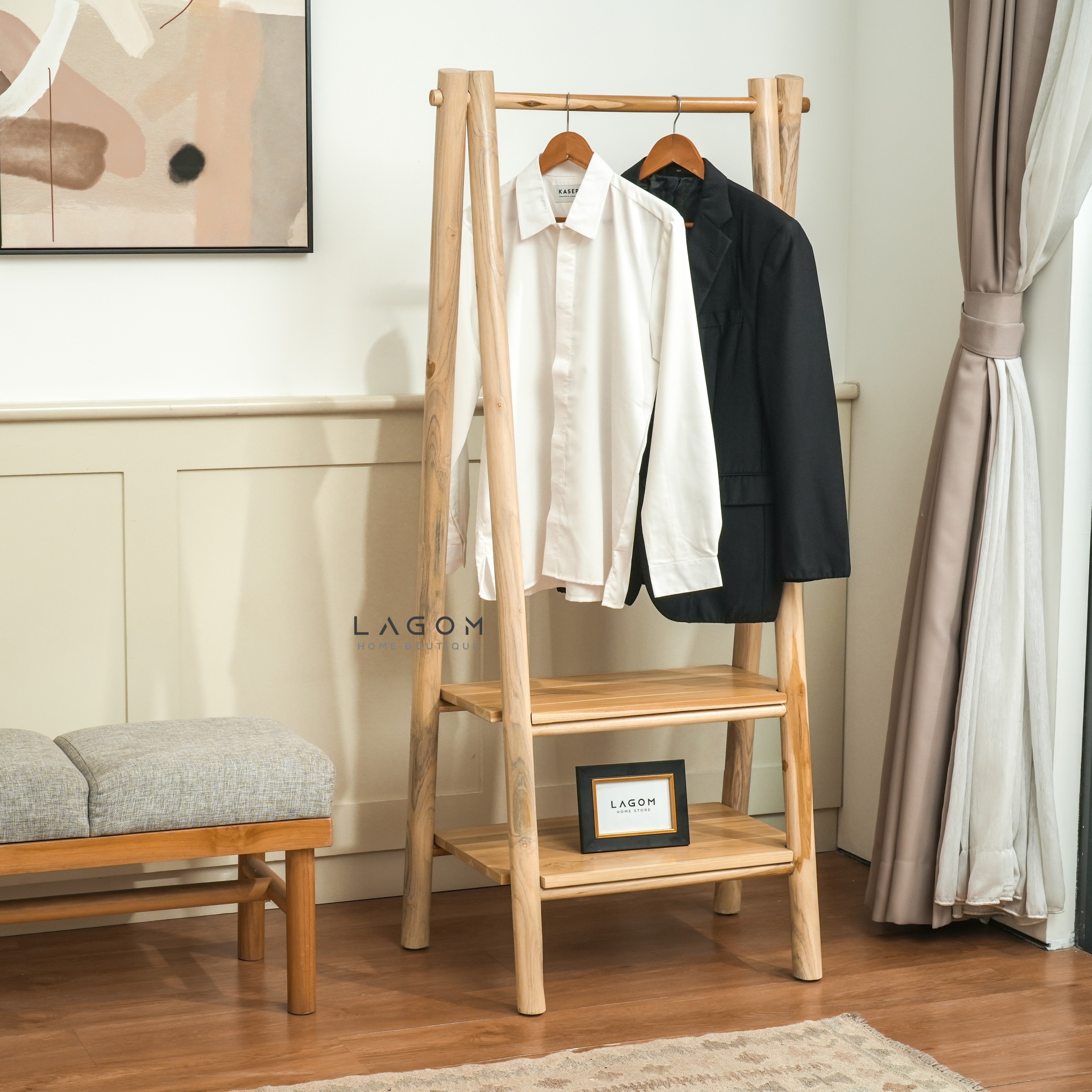 Teak Standing Coat Hanger with Two Shelves