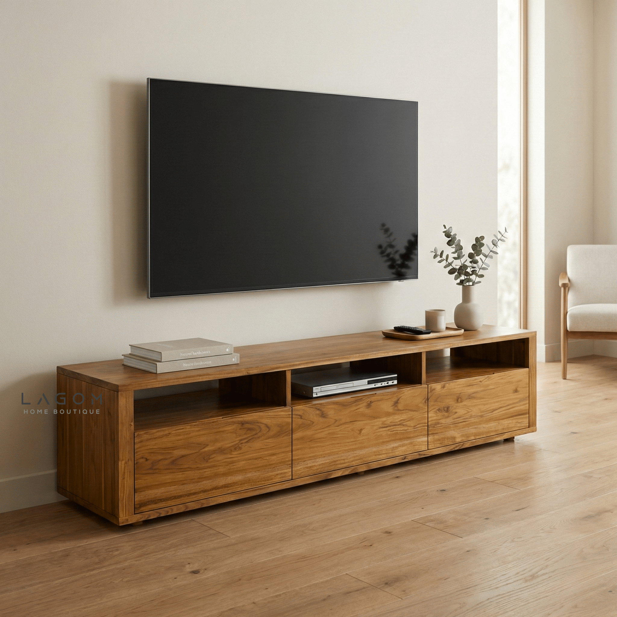 180 cm Solid Teak TV Cabinet – 3 Seamless Drawers - TV Cabinet - Lagom Home Boutique