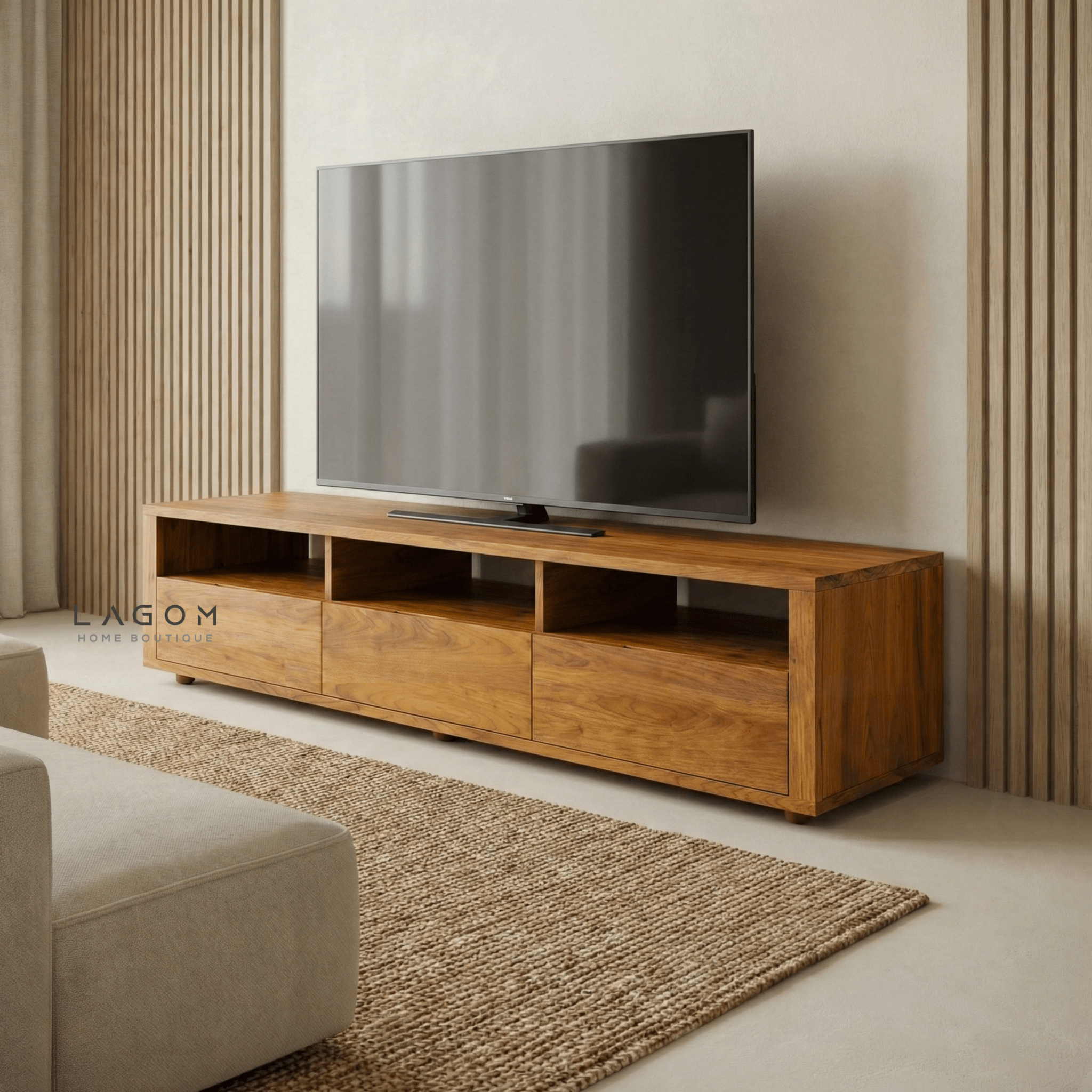 180 cm Solid Teak TV Cabinet – 3 Seamless Drawers - TV Cabinet - Lagom Home Boutique