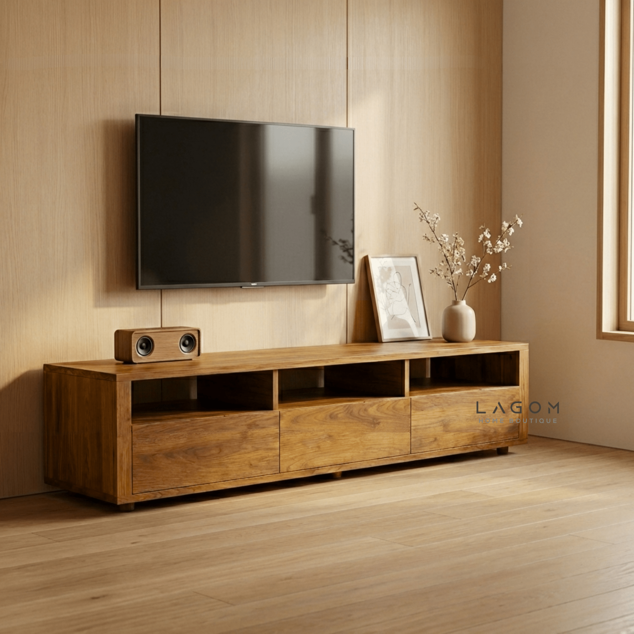 180 cm Solid Teak TV Cabinet – 3 Seamless Drawers - TV Cabinet - Lagom Home Boutique