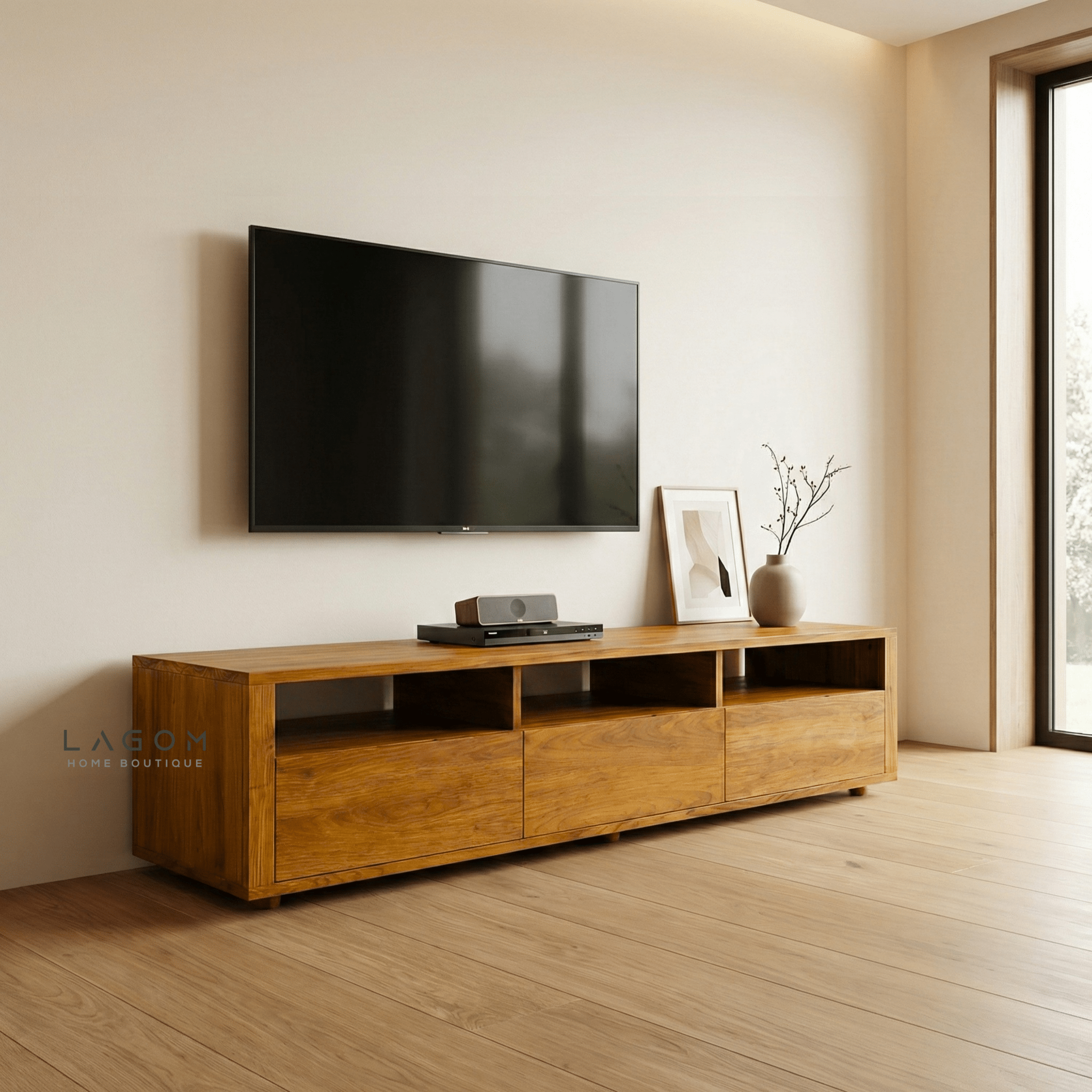 180 cm Solid Teak TV Cabinet – 3 Seamless Drawers - TV Cabinet - Lagom Home Boutique