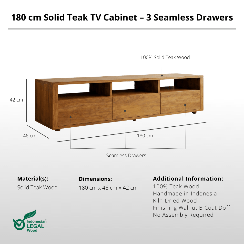 180 cm Solid Teak TV Cabinet – 3 Seamless Drawers - TV Cabinet - Lagom Home Boutique
