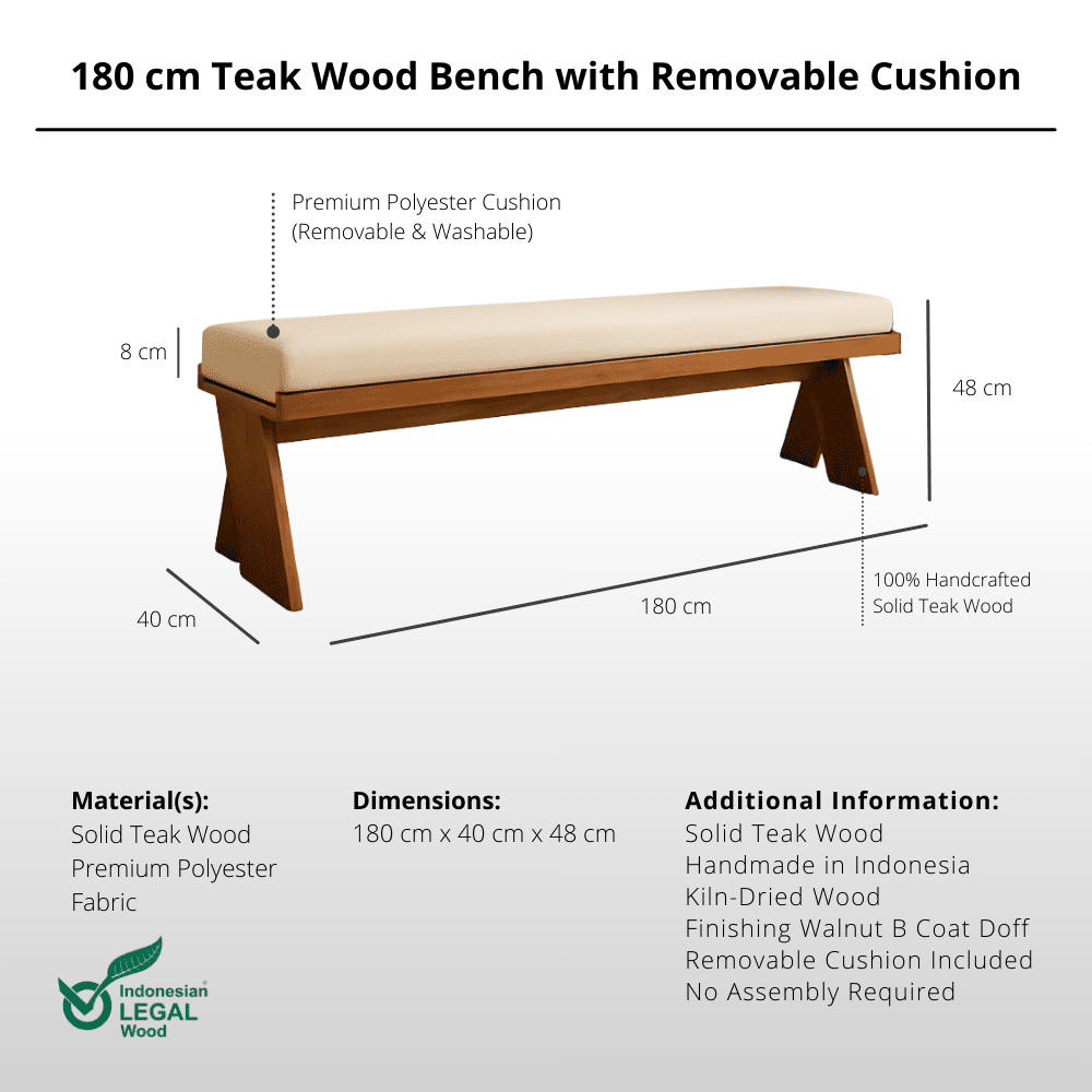 180 cm Teak Wood Bench with Removable Cushion - Bench - Lagom Home Boutique