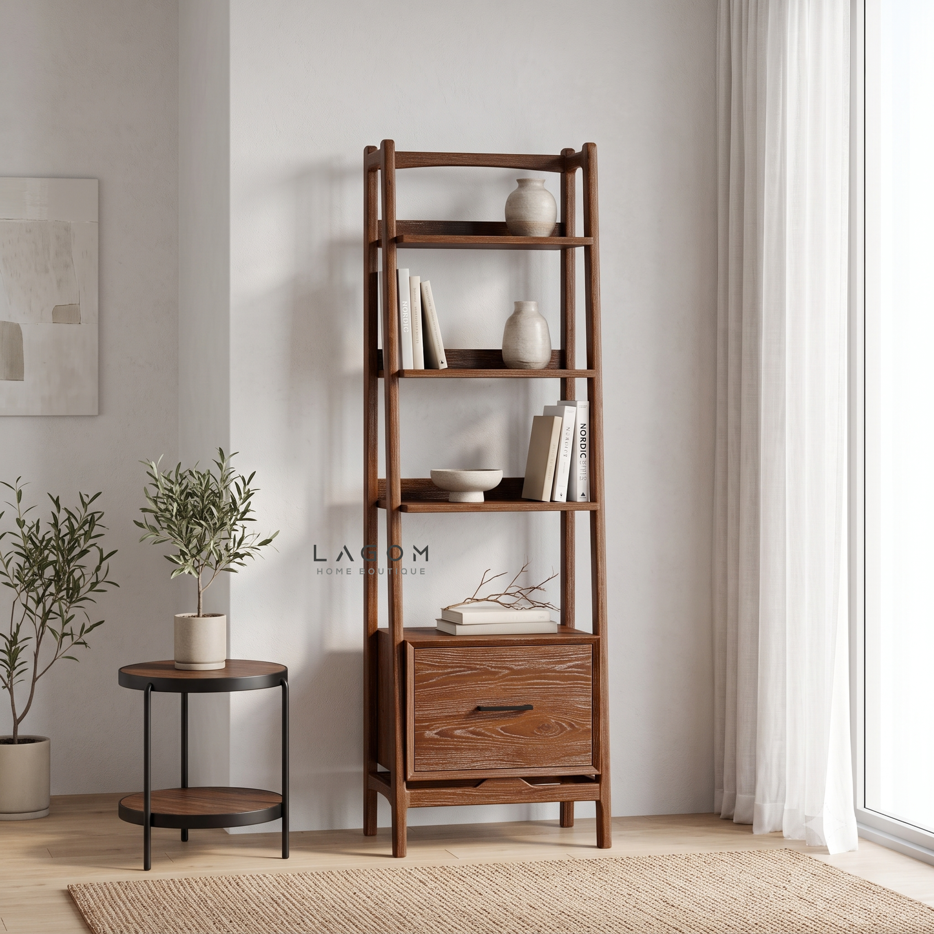 Solid Teak Display Shelf with 3 Tiers & Drawer