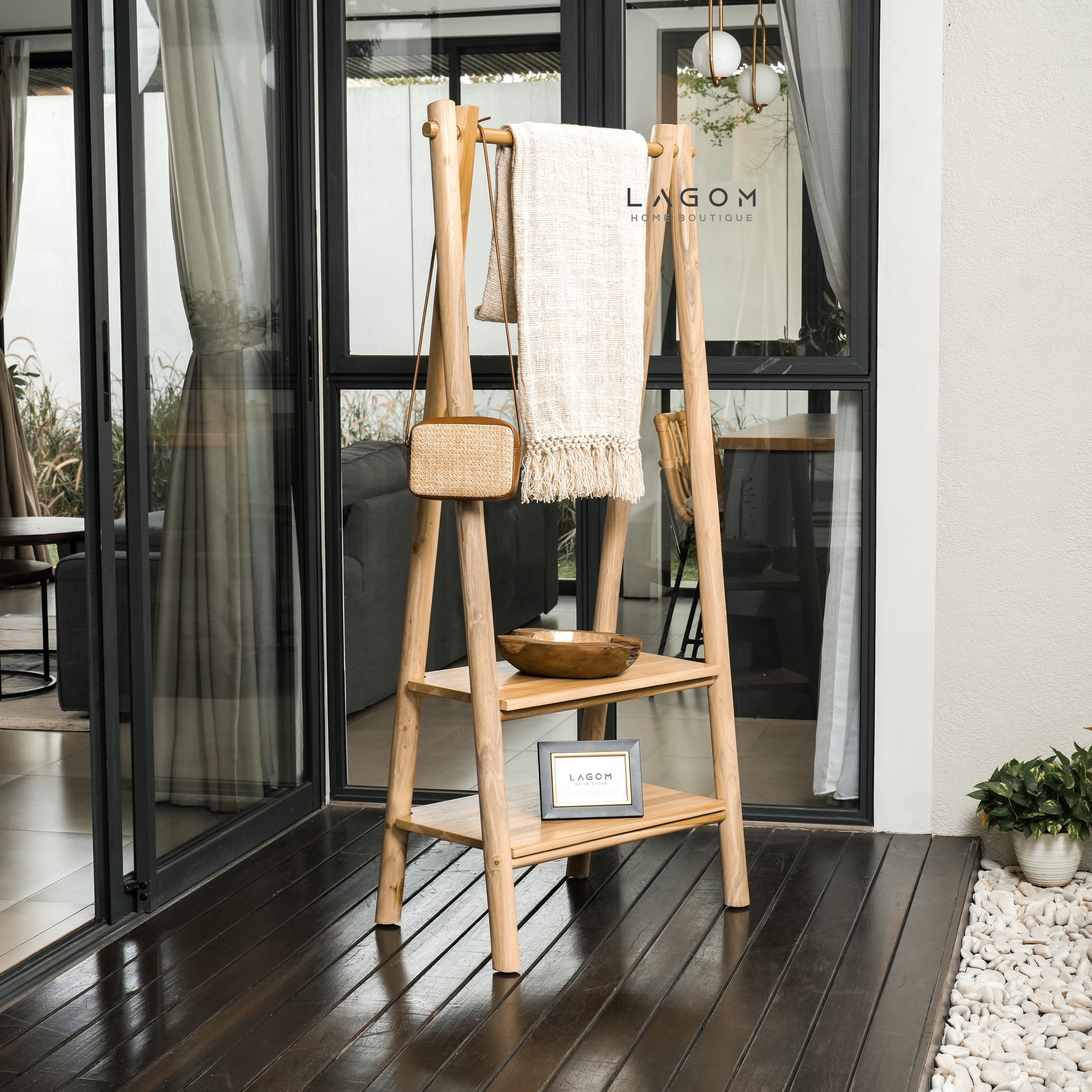 Teak Standing Coat Hanger with Two Shelves