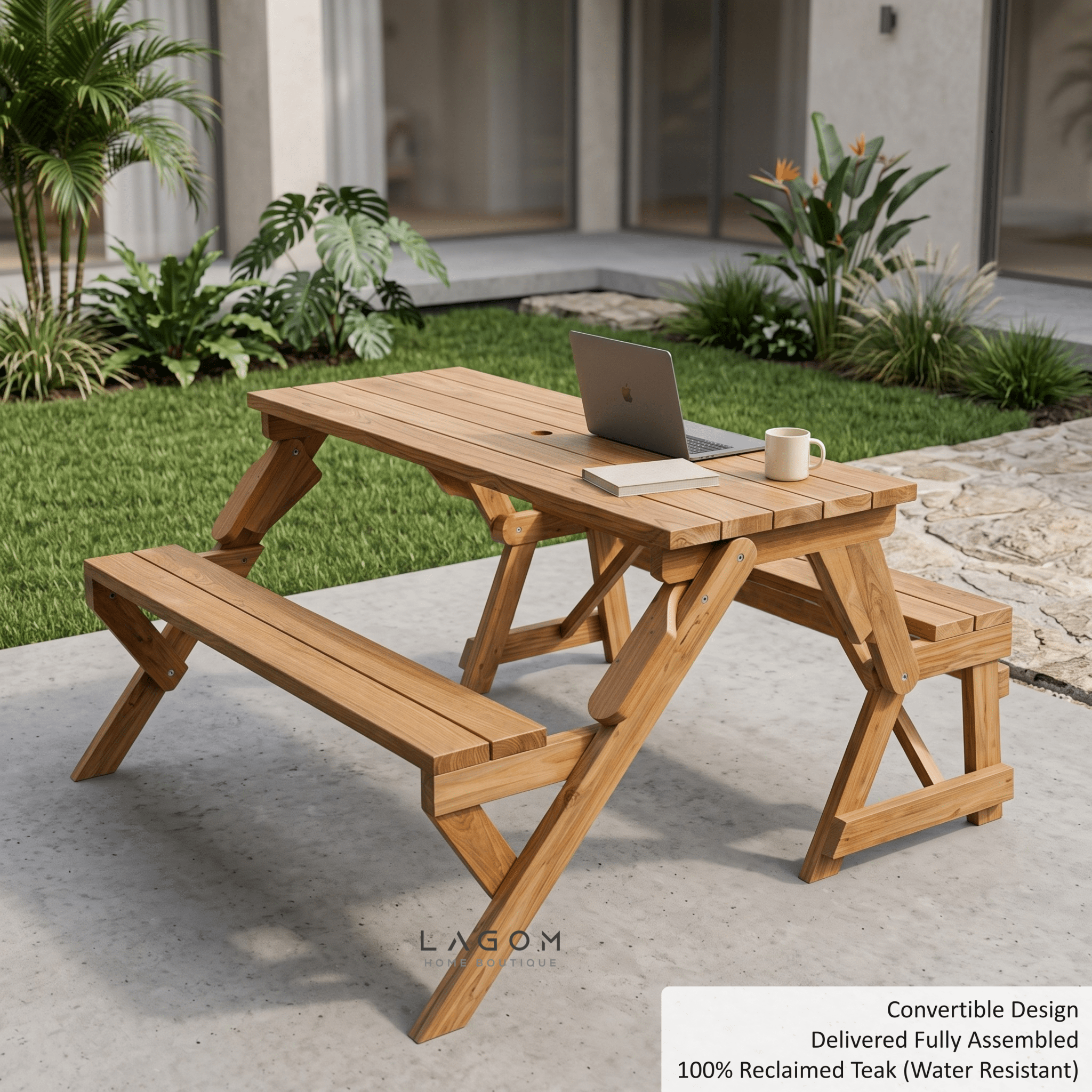 2-in-1 Reclaimed Teak Outdoor Bench & Table Set-Outdoor Table Set-Lagom Home Boutique