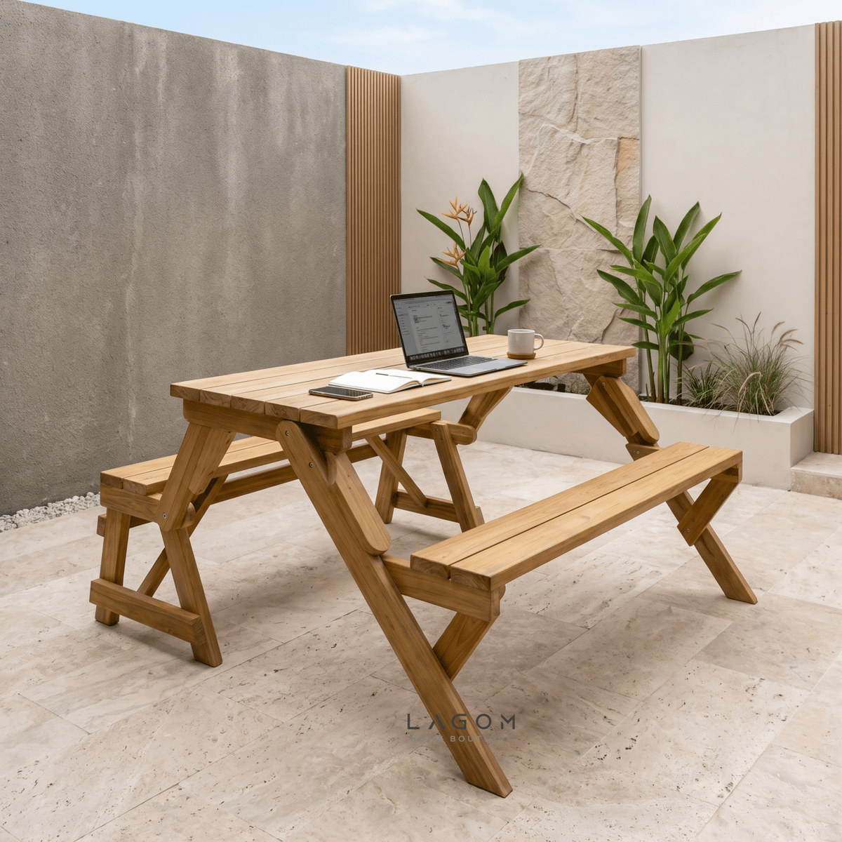 2-in-1 Reclaimed Teak Outdoor Bench & Table Set-Outdoor Table Set-Lagom Home Boutique
