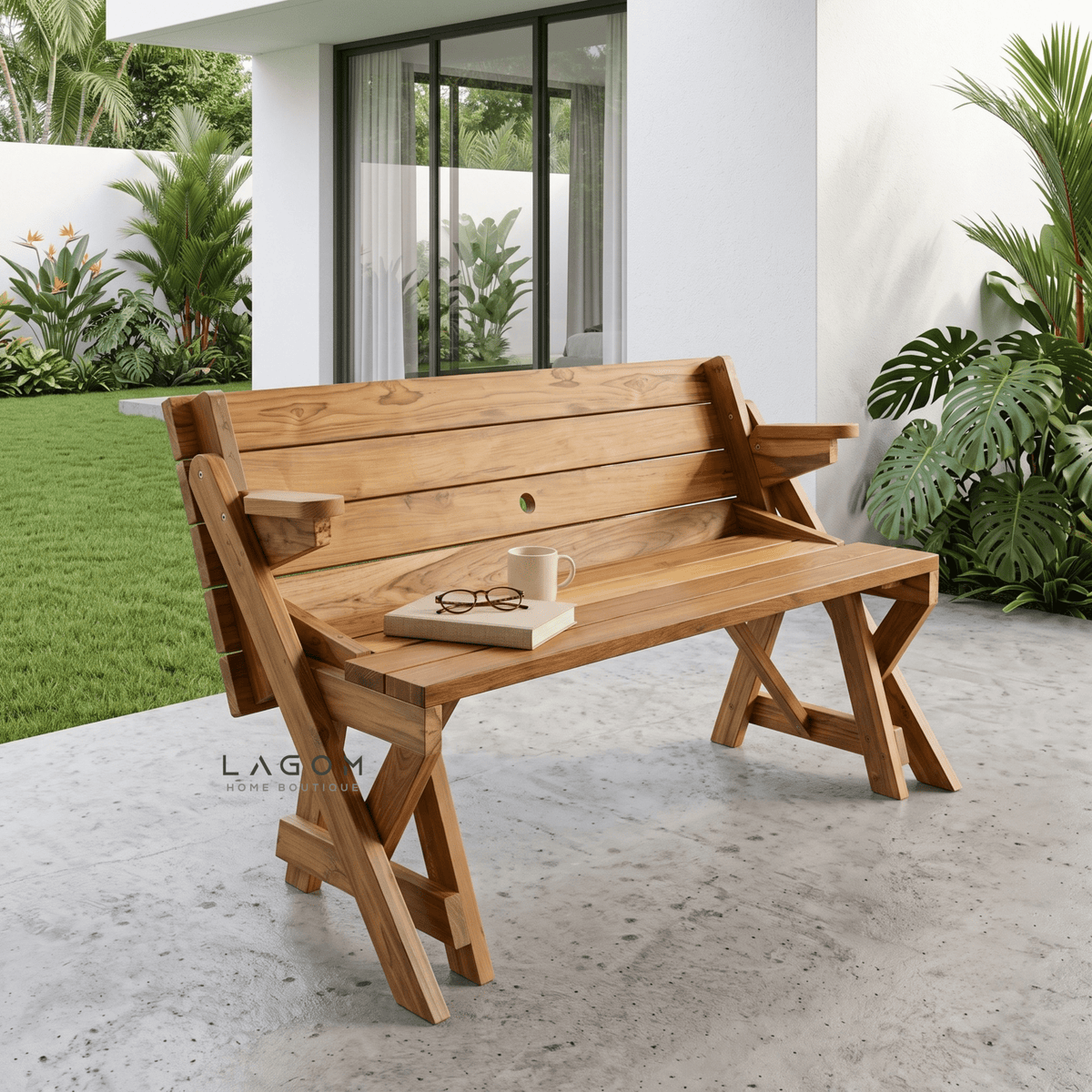 2-in-1 Reclaimed Teak Outdoor Bench & Table Set-Outdoor Table Set-Lagom Home Boutique