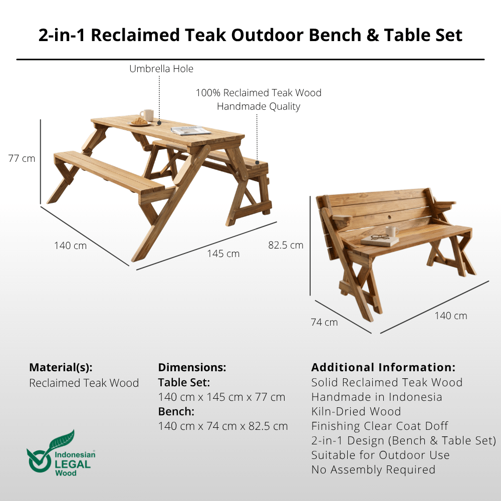 2-in-1 Reclaimed Teak Outdoor Bench & Table Set-Outdoor Table Set-Lagom Home Boutique
