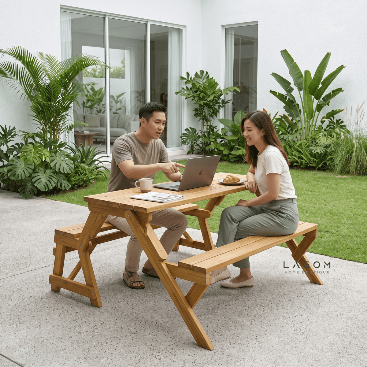 2-in-1 Reclaimed Teak Outdoor Bench & Table Set-Outdoor Table Set-Lagom Home Boutique