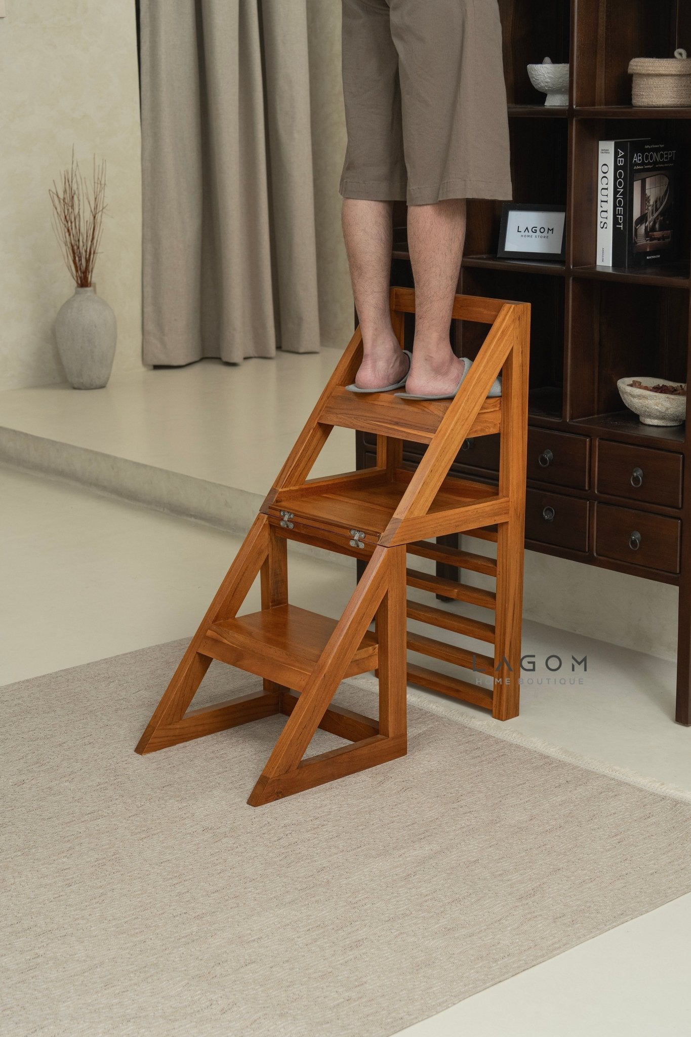 2 - in - 1 Teak Wood Step Stool & Chair - Smart & Sturdy Design - Step Stool - Lagom Home Boutique