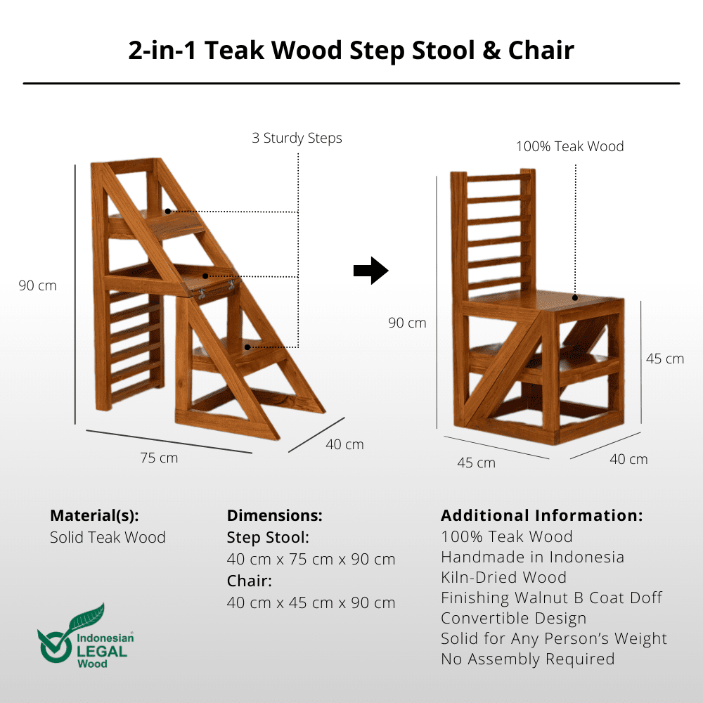 2 - in - 1 Teak Wood Step Stool & Chair - Smart & Sturdy Design - Step Stool - Lagom Home Boutique