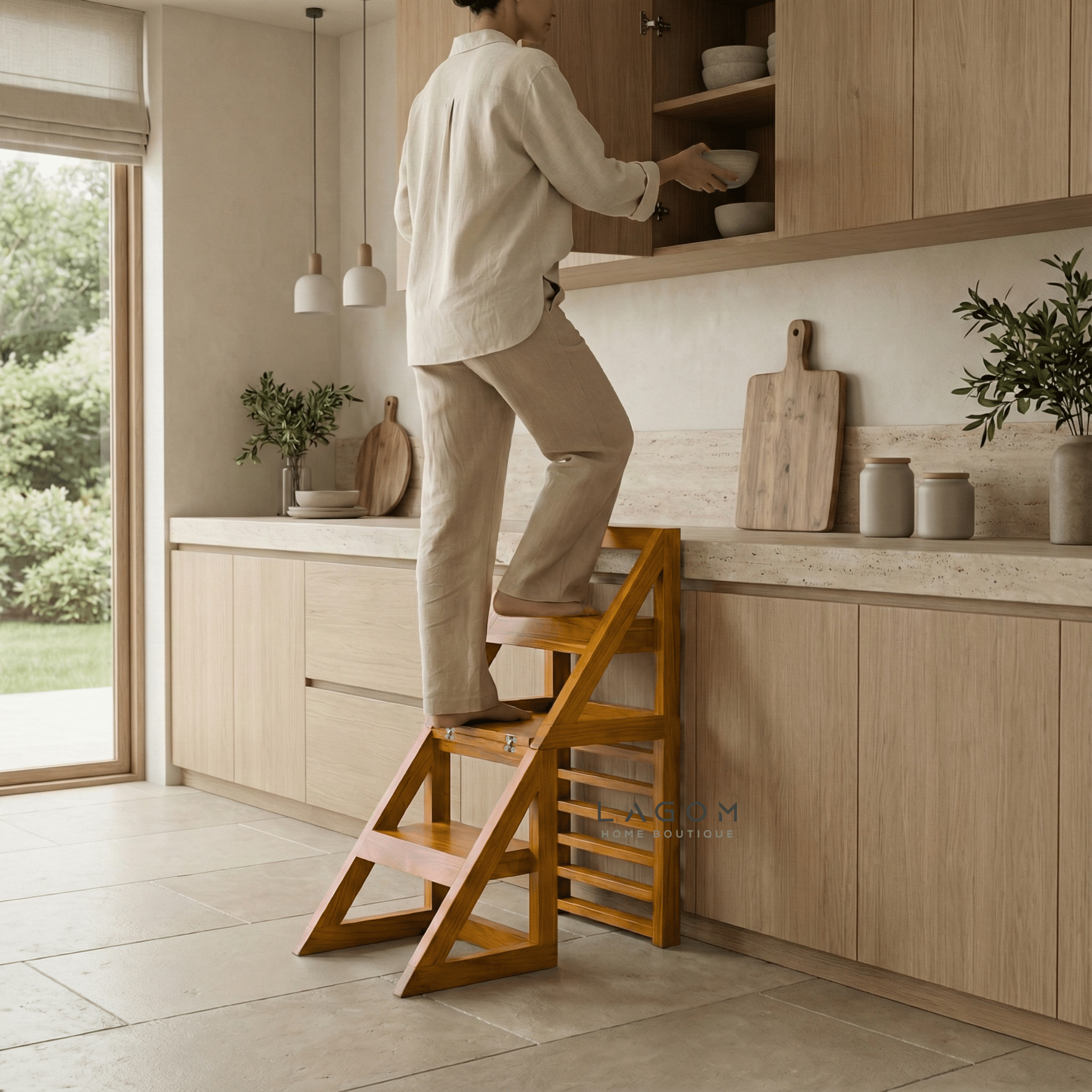 2 - in - 1 Teak Wood Step Stool & Chair - Smart & Sturdy Design - Step Stool - Lagom Home Boutique