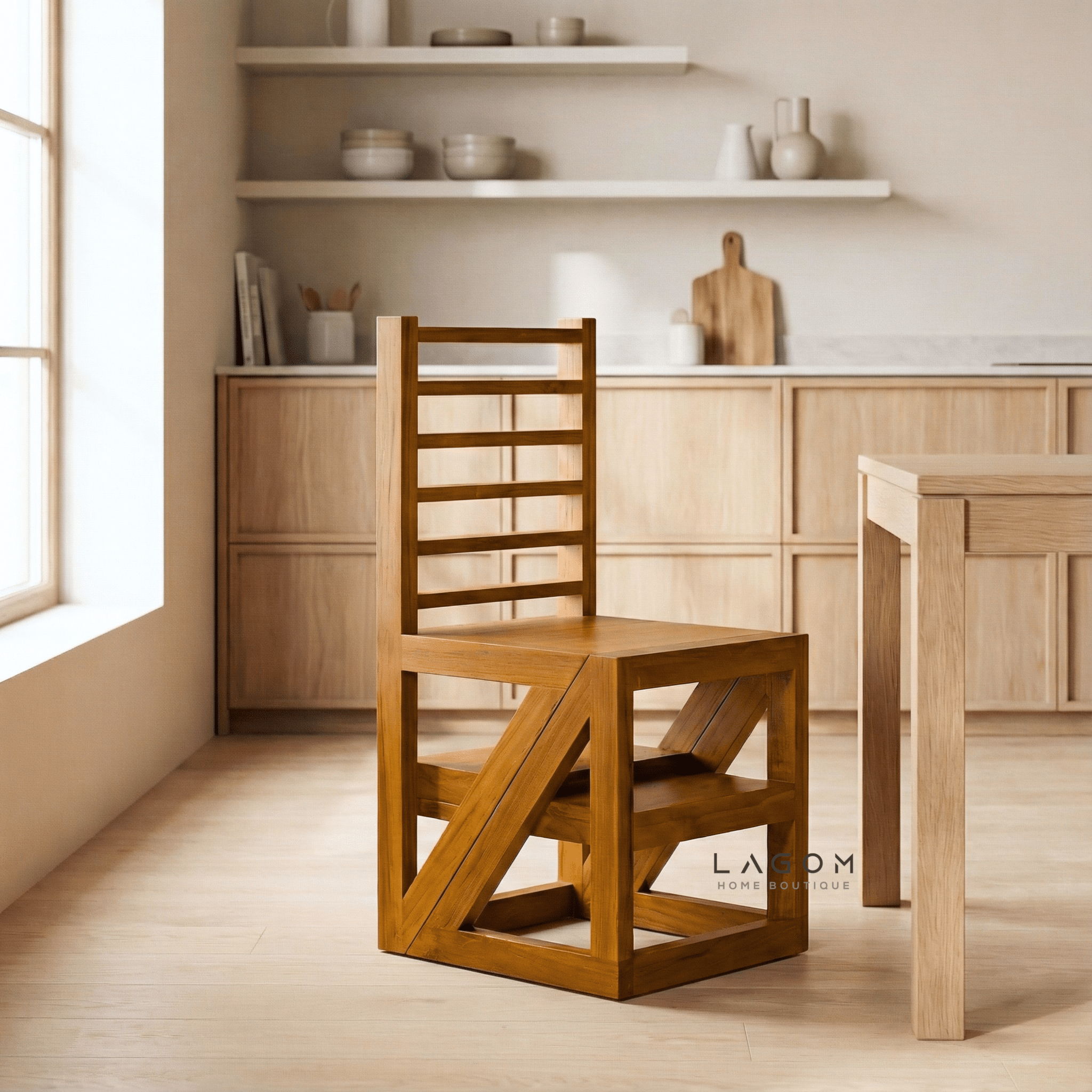 2 - in - 1 Teak Wood Step Stool & Chair - Smart & Sturdy Design - Step Stool - Lagom Home Boutique