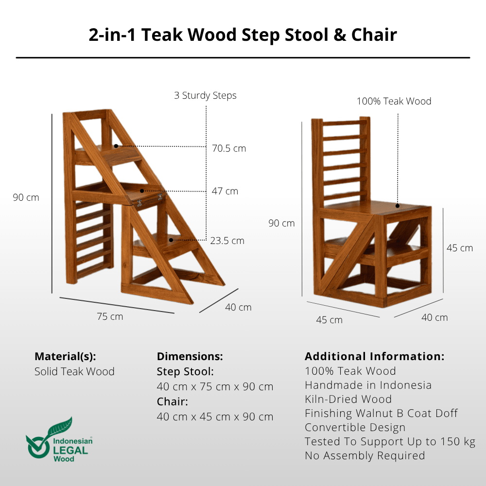 2-in-1 Teak Wood Step Stool & Chair - Sturdy Design-Step Stool-Lagom Home Boutique