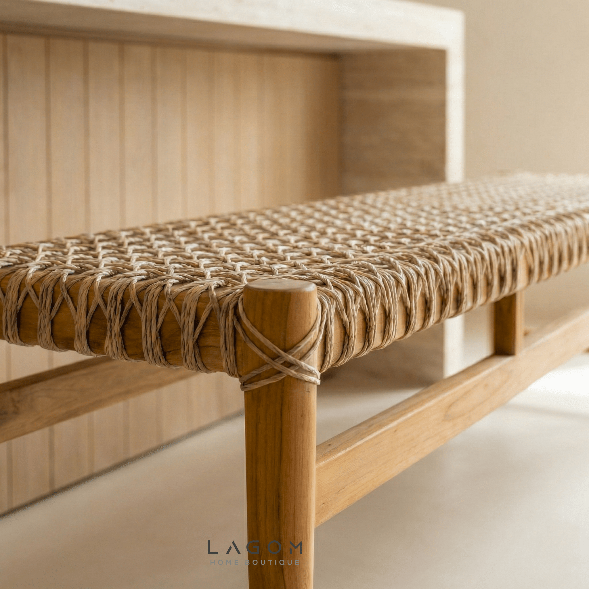 200 cm Solid Teak Bench with Handwoven Poly Hyacinth - Bench - Lagom Home Boutique