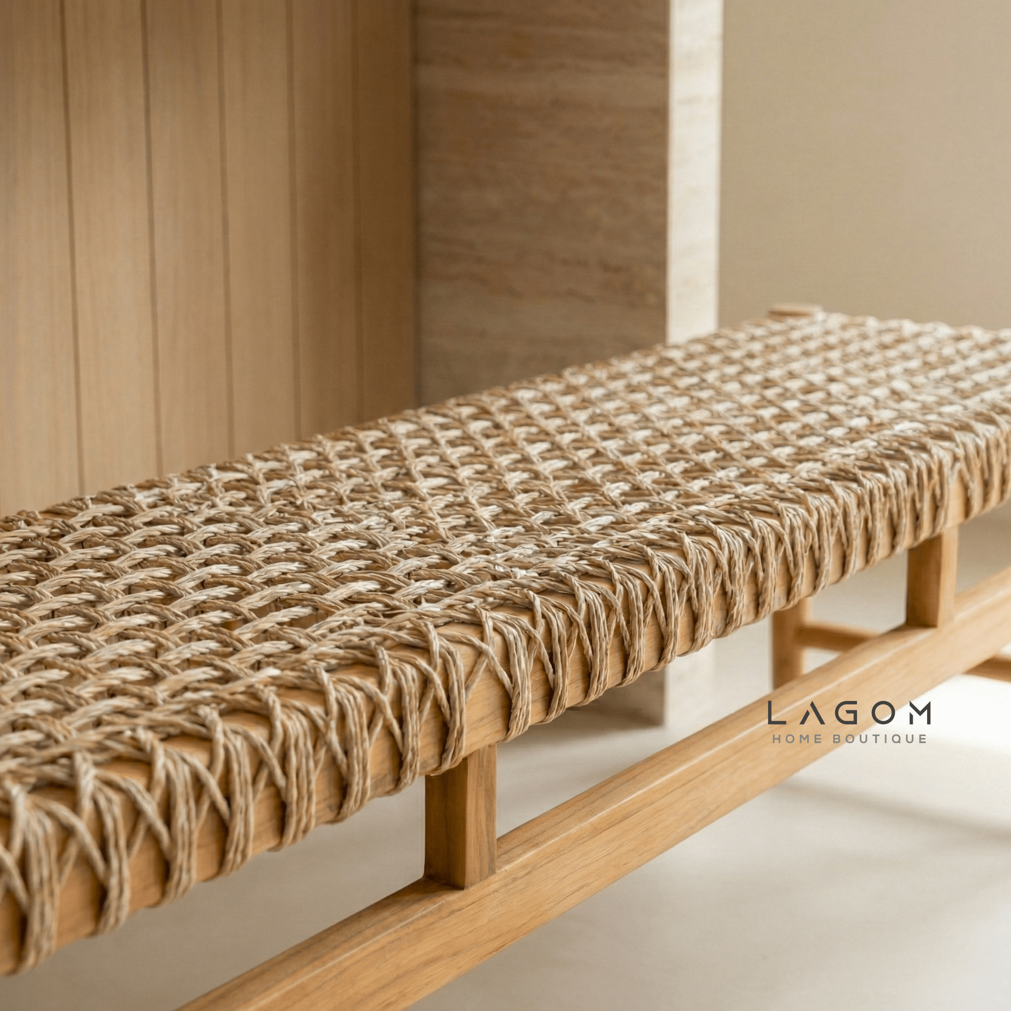 200 cm Solid Teak Bench with Handwoven Poly Hyacinth - Bench - Lagom Home Boutique