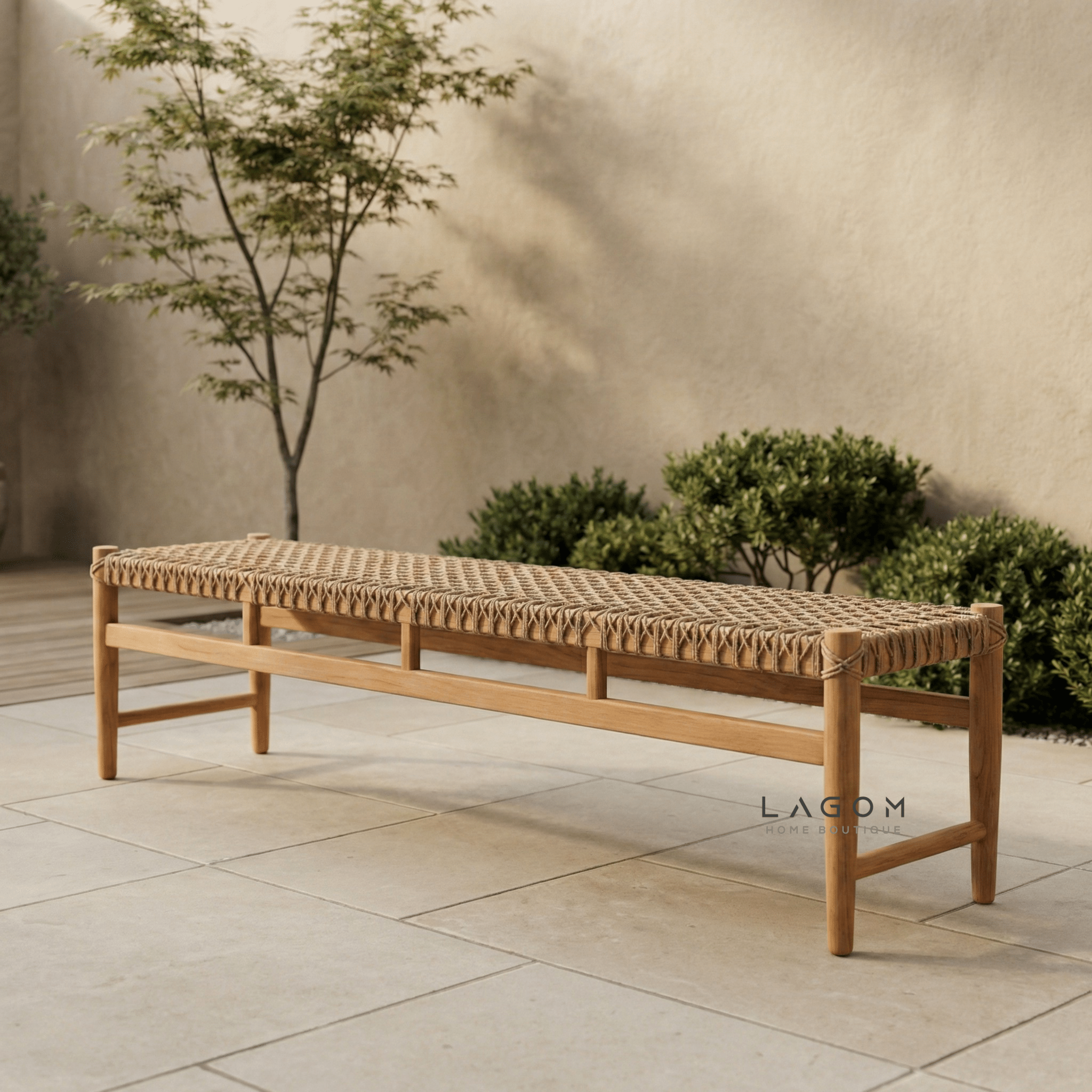 200 cm Solid Teak Bench with Handwoven Poly Hyacinth - Bench - Lagom Home Boutique
