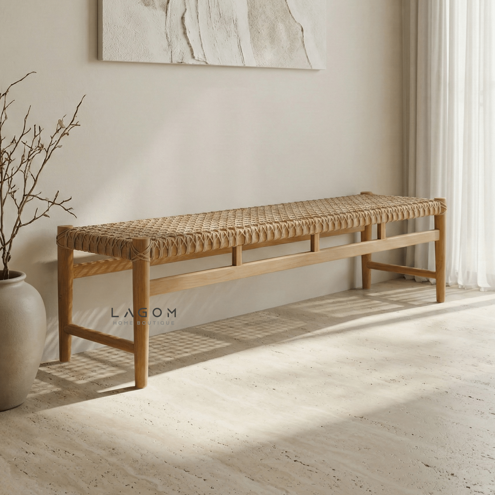 200 cm Solid Teak Bench with Handwoven Poly Hyacinth - Bench - Lagom Home Boutique