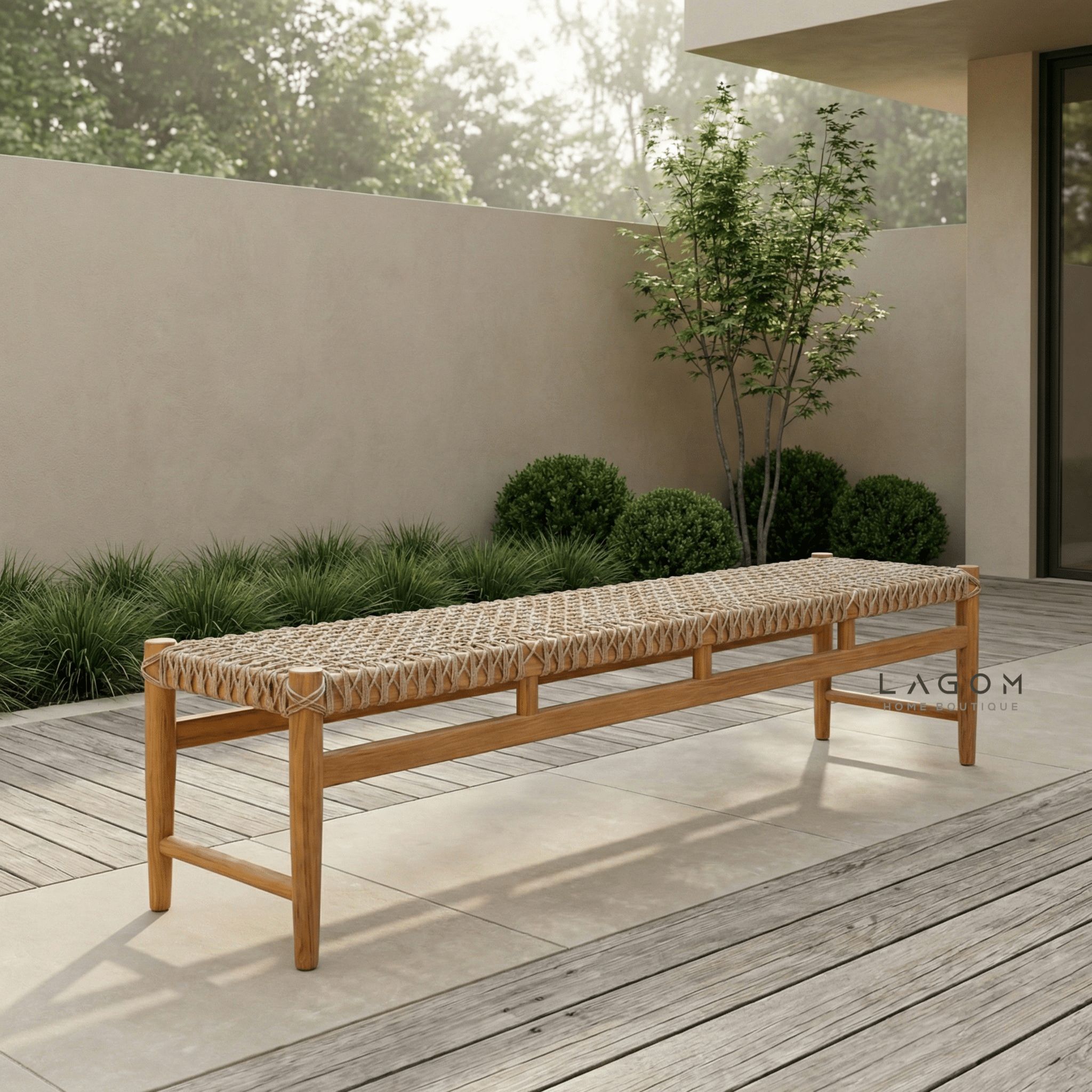 200 cm Solid Teak Bench with Handwoven Poly Hyacinth - Bench - Lagom Home Boutique
