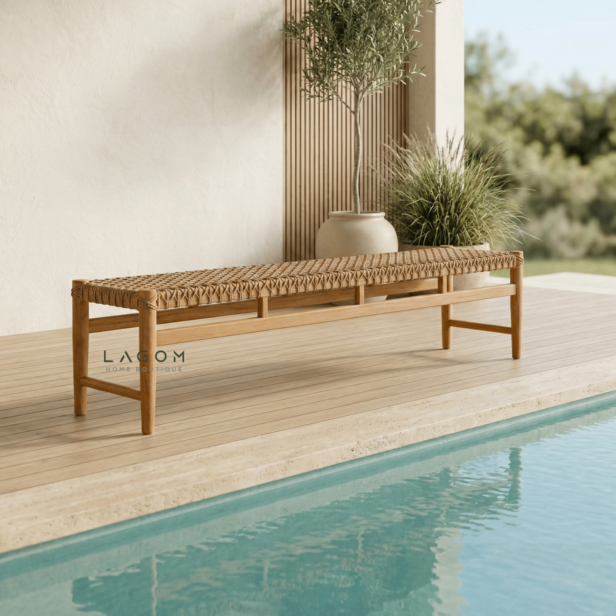 200 cm Solid Teak Bench with Handwoven Poly Hyacinth - Bench - Lagom Home Boutique