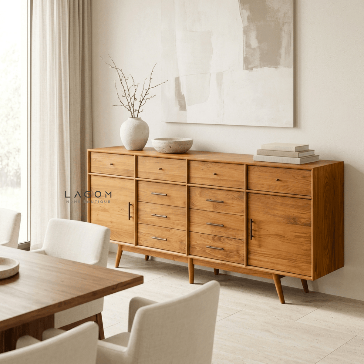 200 cm Teak Sideboard with 10 Drawers & 2 Doors | Walnut B Finish-Buffet-Lagom Home Boutique
