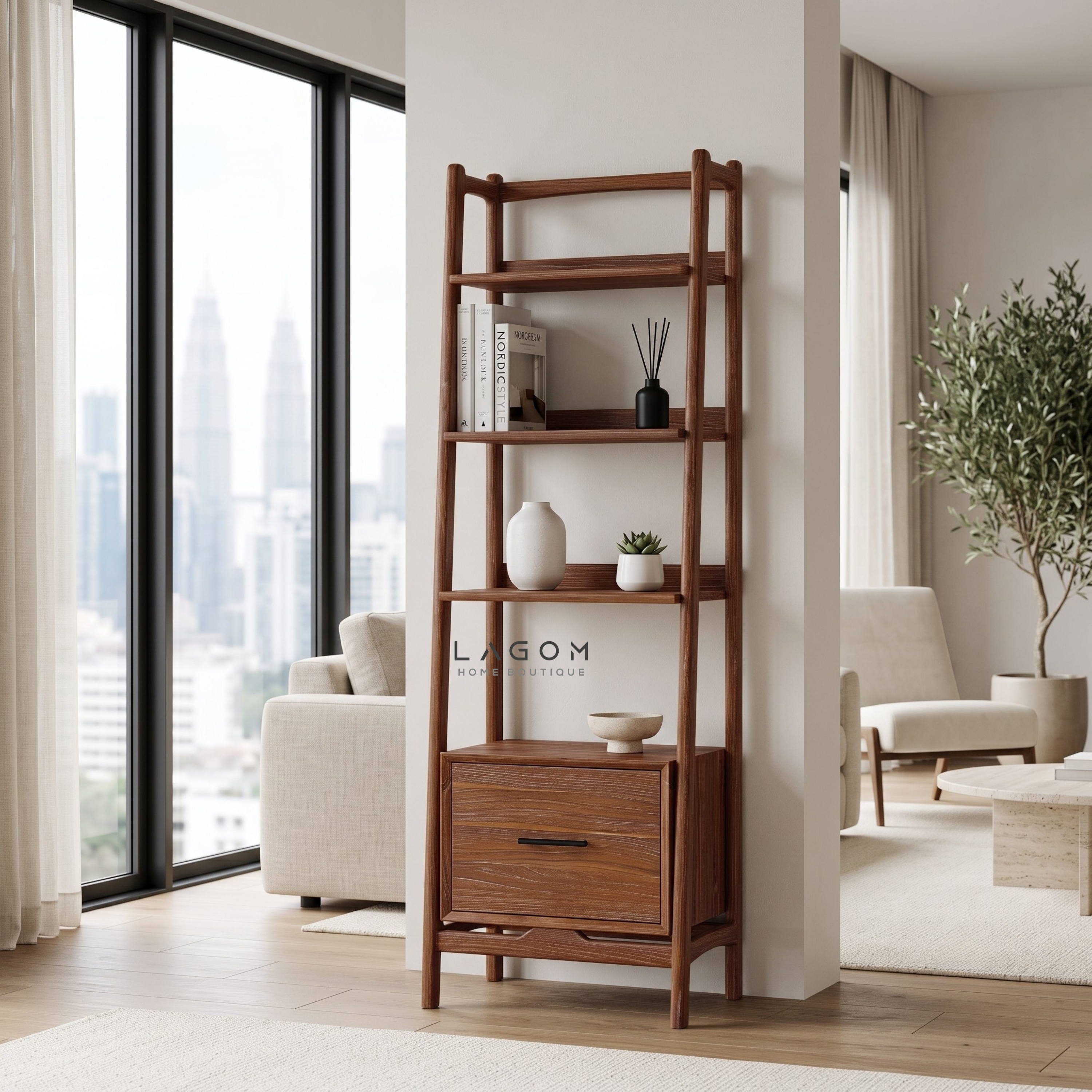 Solid Teak Display Shelf with 3 Tiers & Drawer