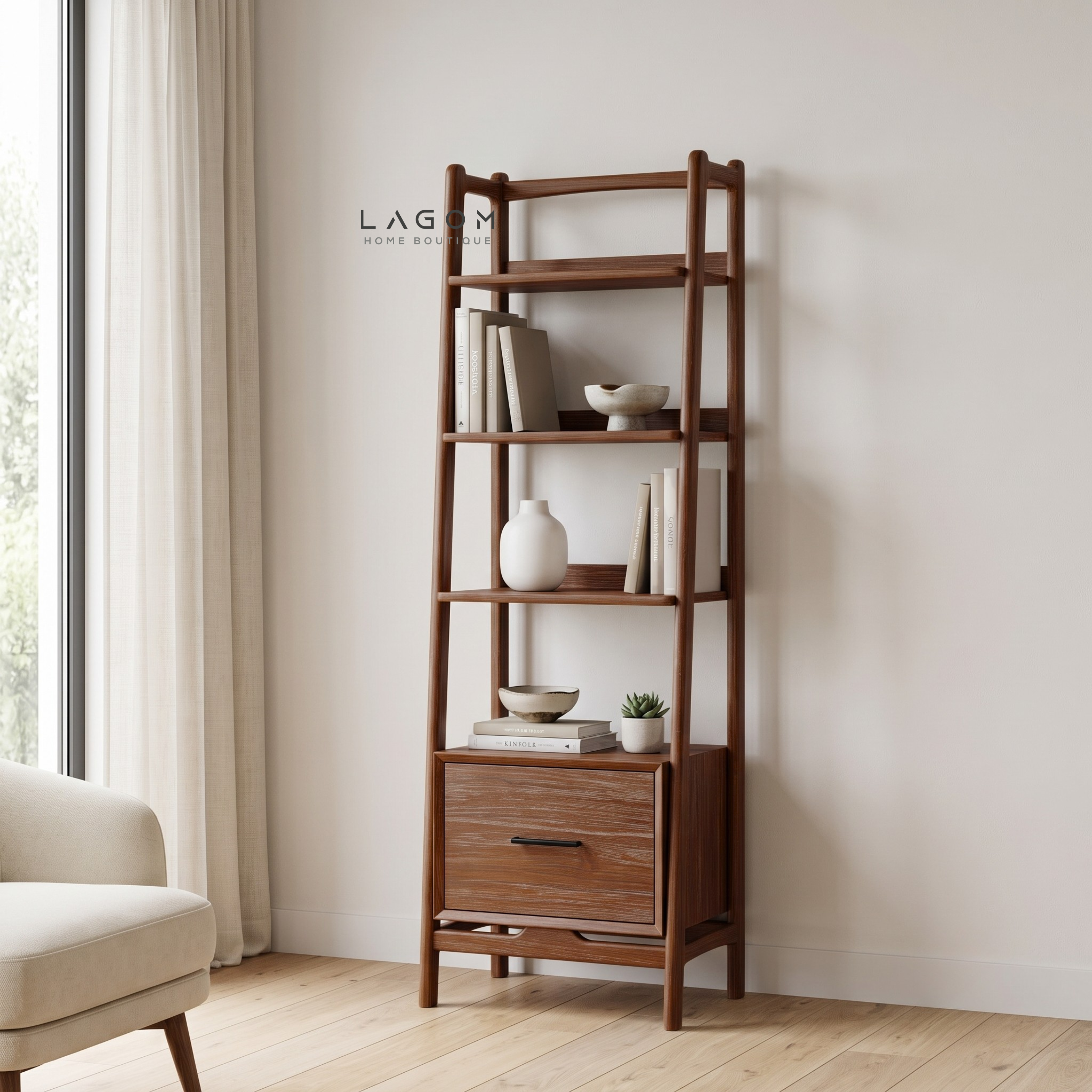 Solid Teak Display Shelf with 3 Tiers & Drawer
