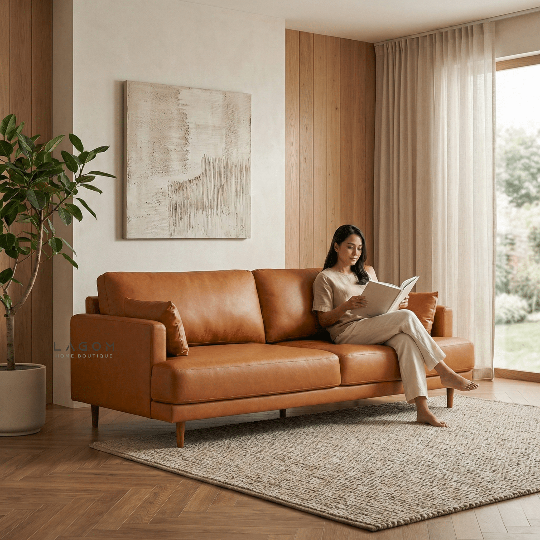 226 cm Sofa — Premium Faux Leather with Solid Teak Frame - Sofa - Lagom Home Boutique
