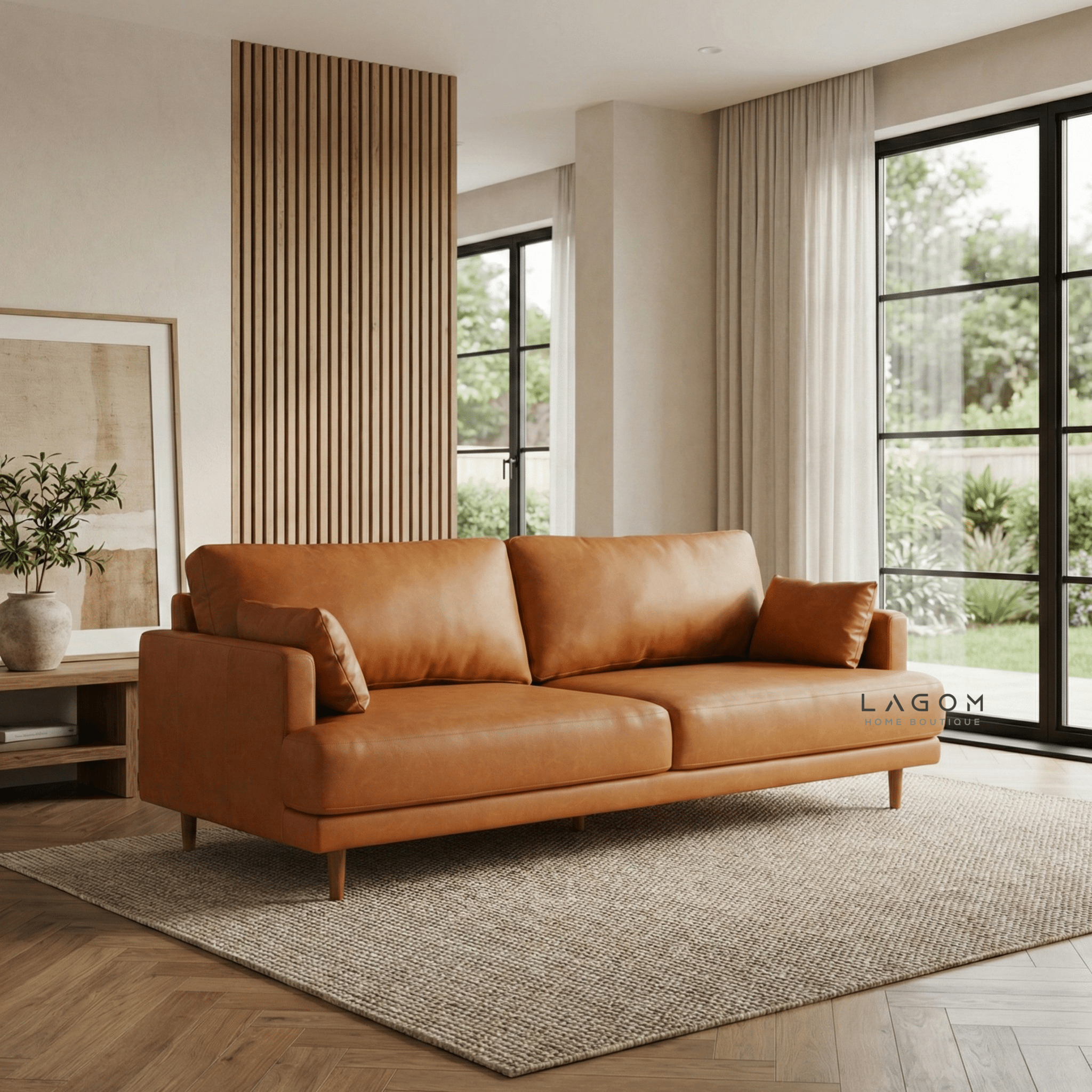 226 cm Sofa — Premium Faux Leather with Solid Teak Frame - Sofa - Lagom Home Boutique