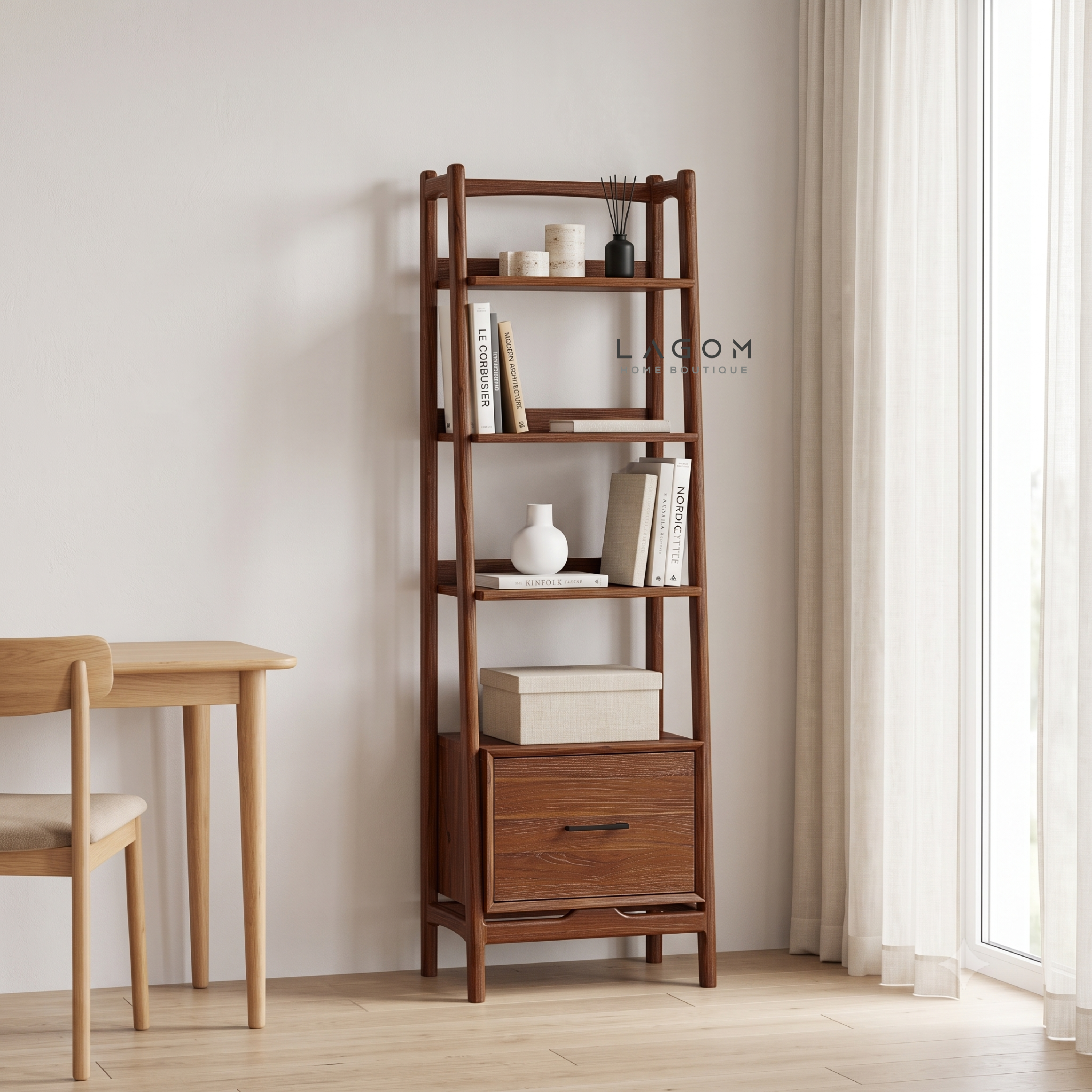 Solid Teak Display Shelf with 3 Tiers & Drawer